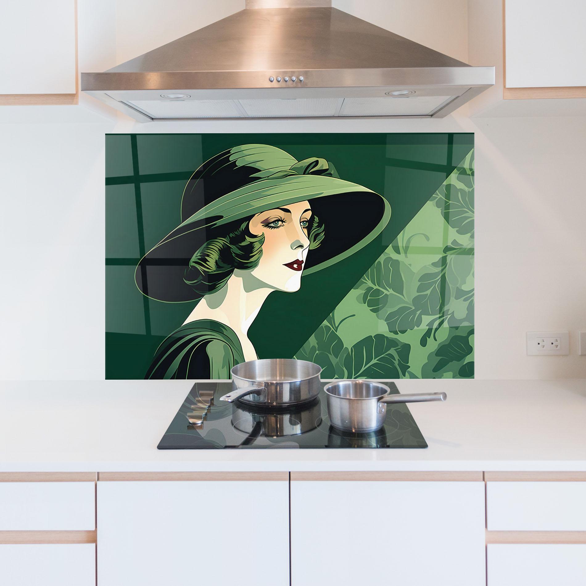 Panou Sticla Bucatarie Green Woman Painting mockup 5