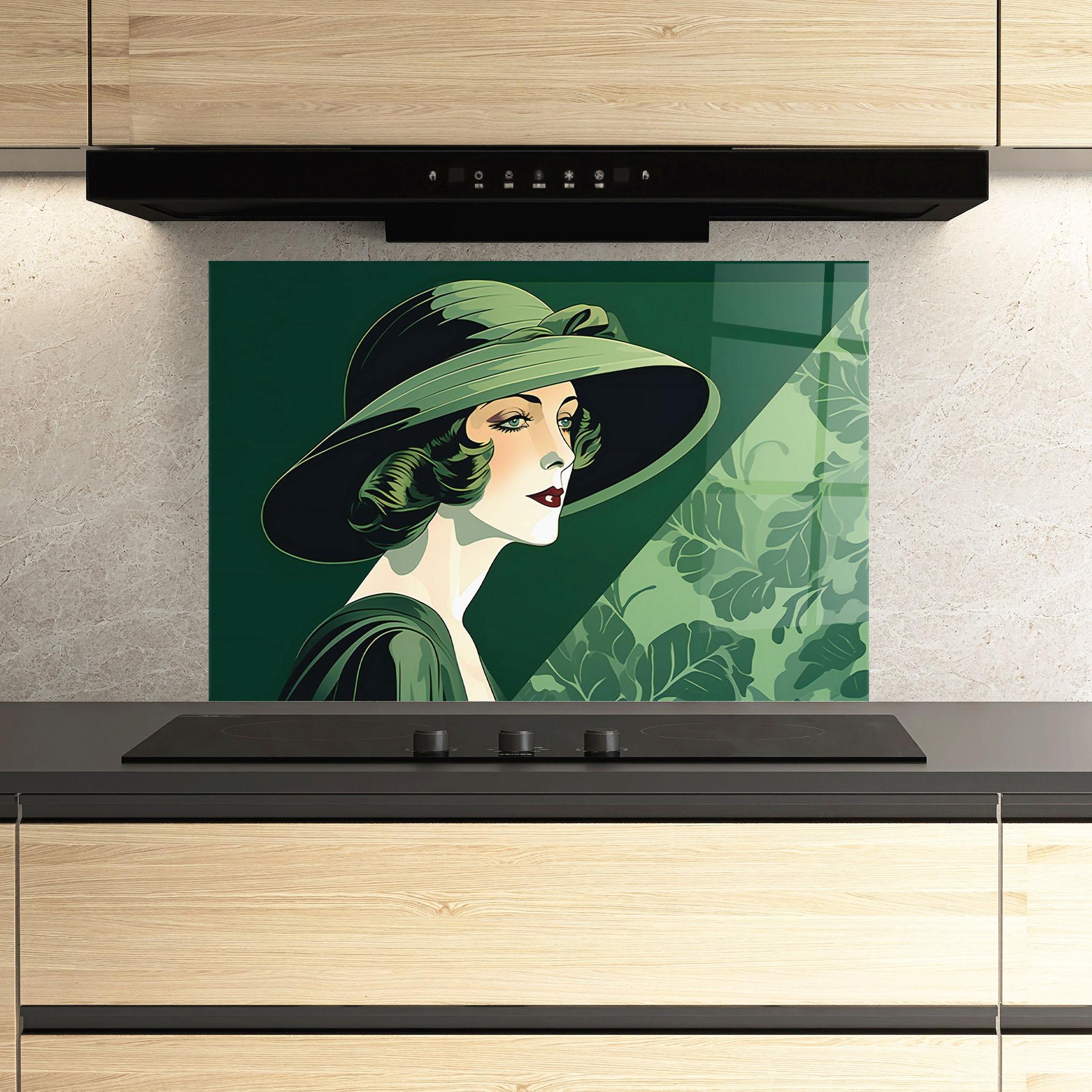 Panou Sticla Bucatarie Green Woman Painting mockup 3