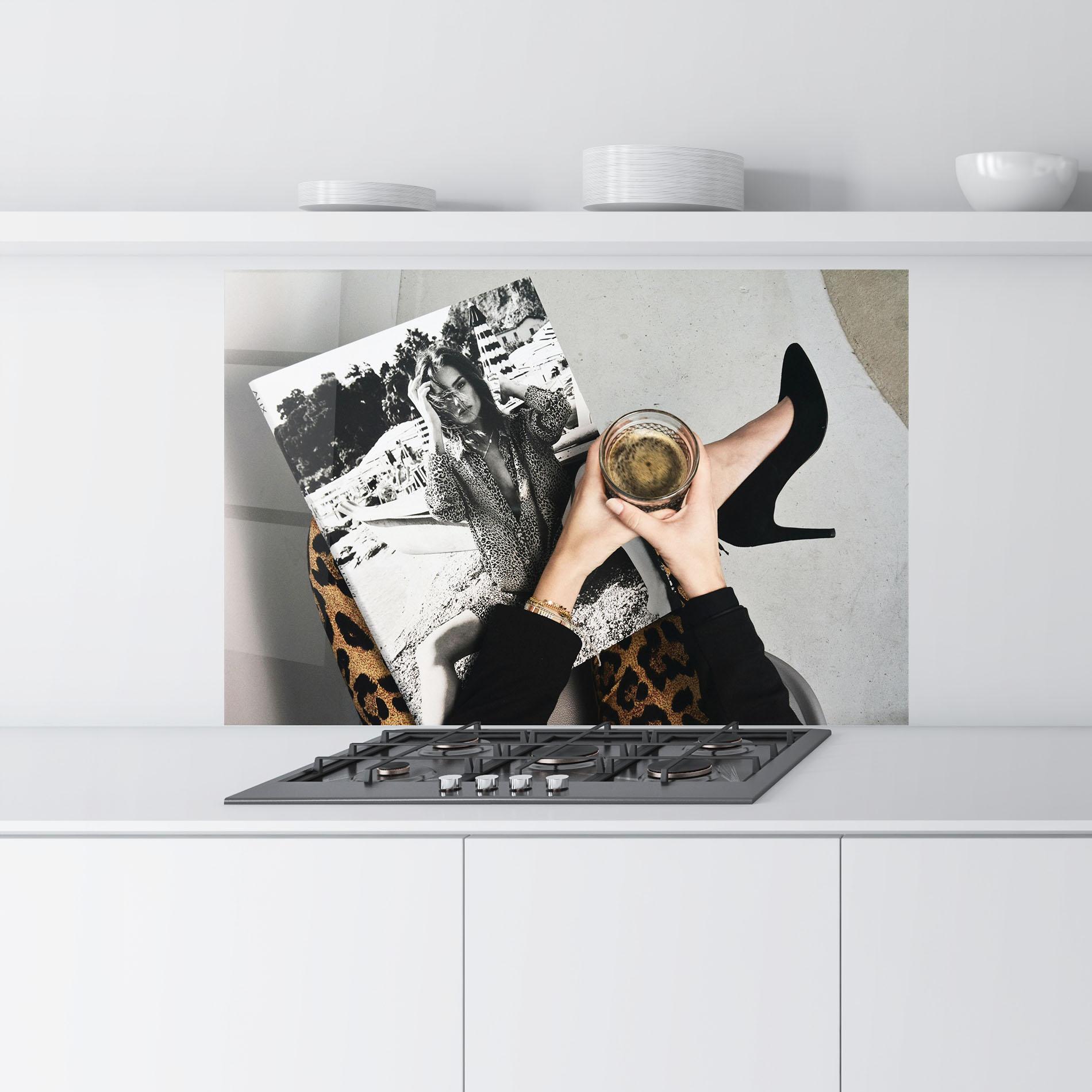 Panou Sticla Bucatarie Black Shoes Holding Coffee mockup 9