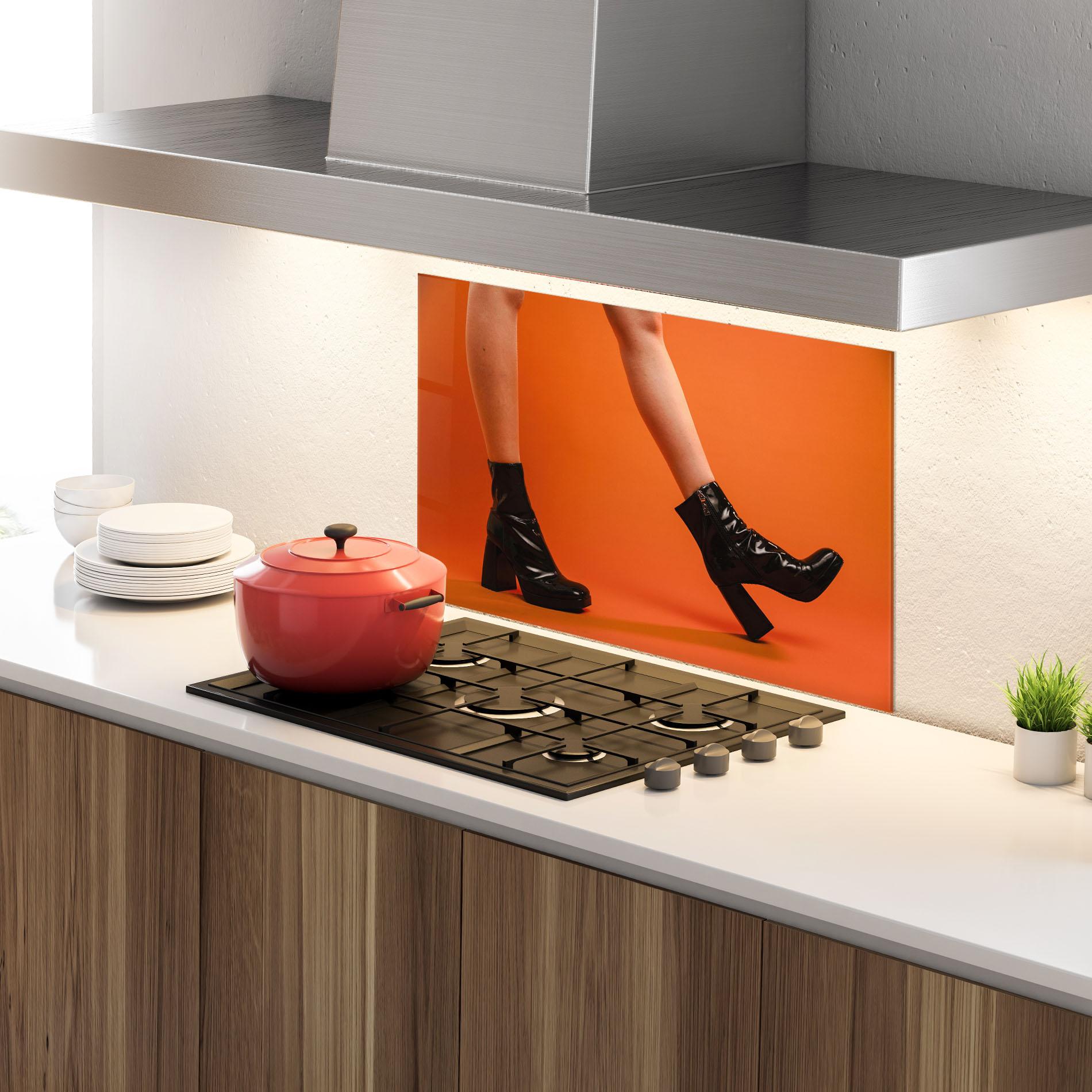 Panou Sticla Bucatarie Black Boots On Orange mockup 4