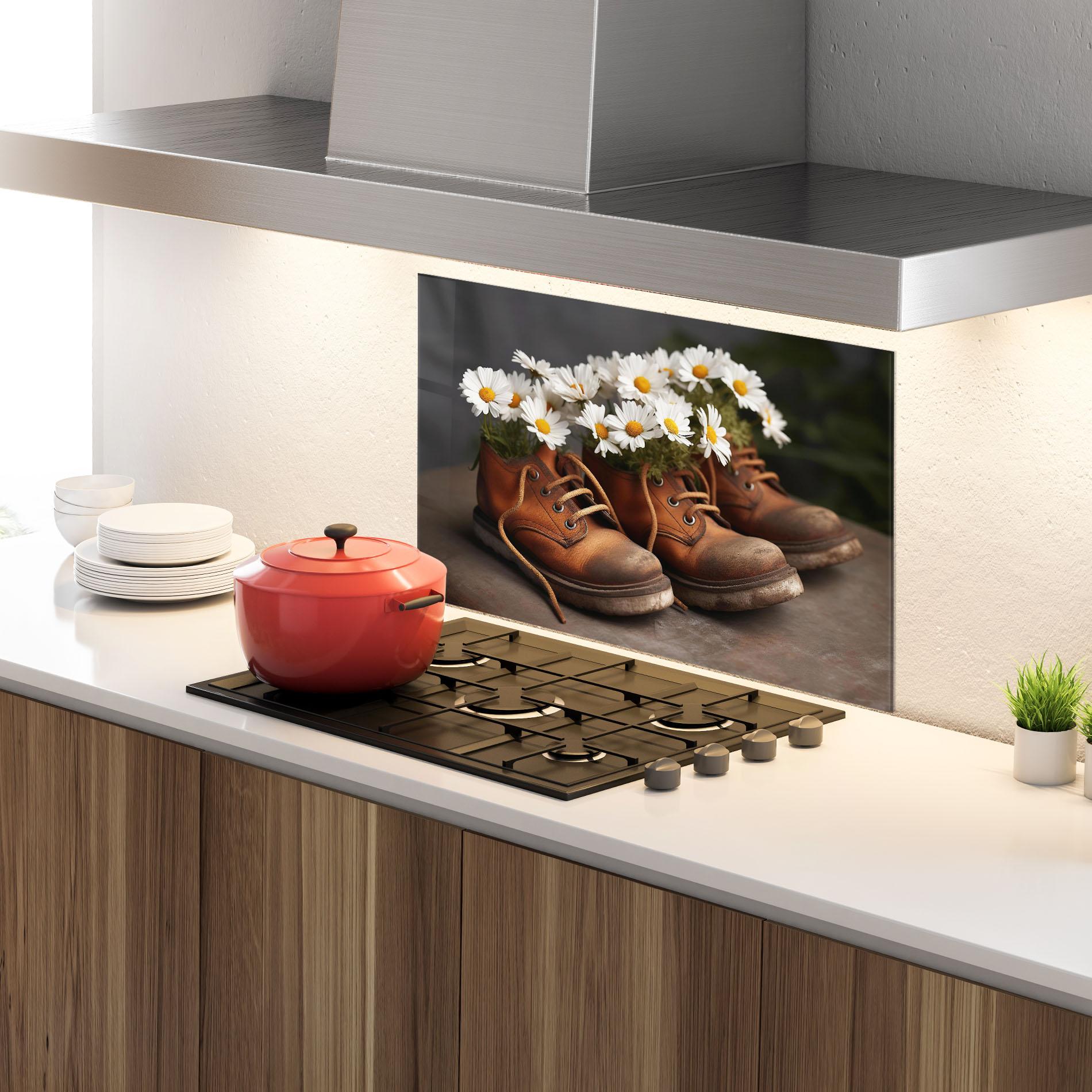 Panou Sticla Bucatarie Old Boot Flowers mockup 4