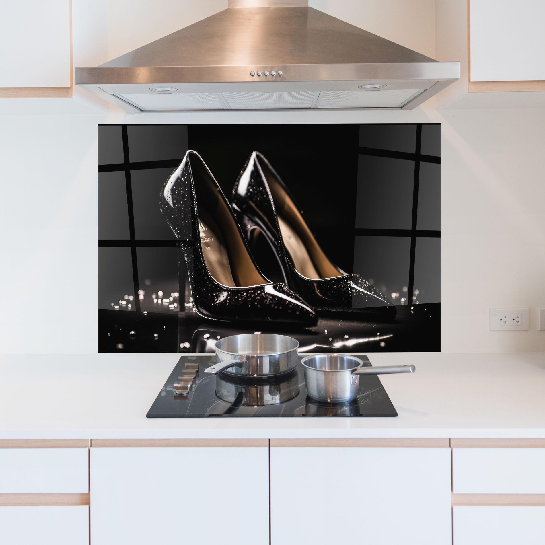 Panou Sticla Bucatarie Black Leather Shoe mockup 5