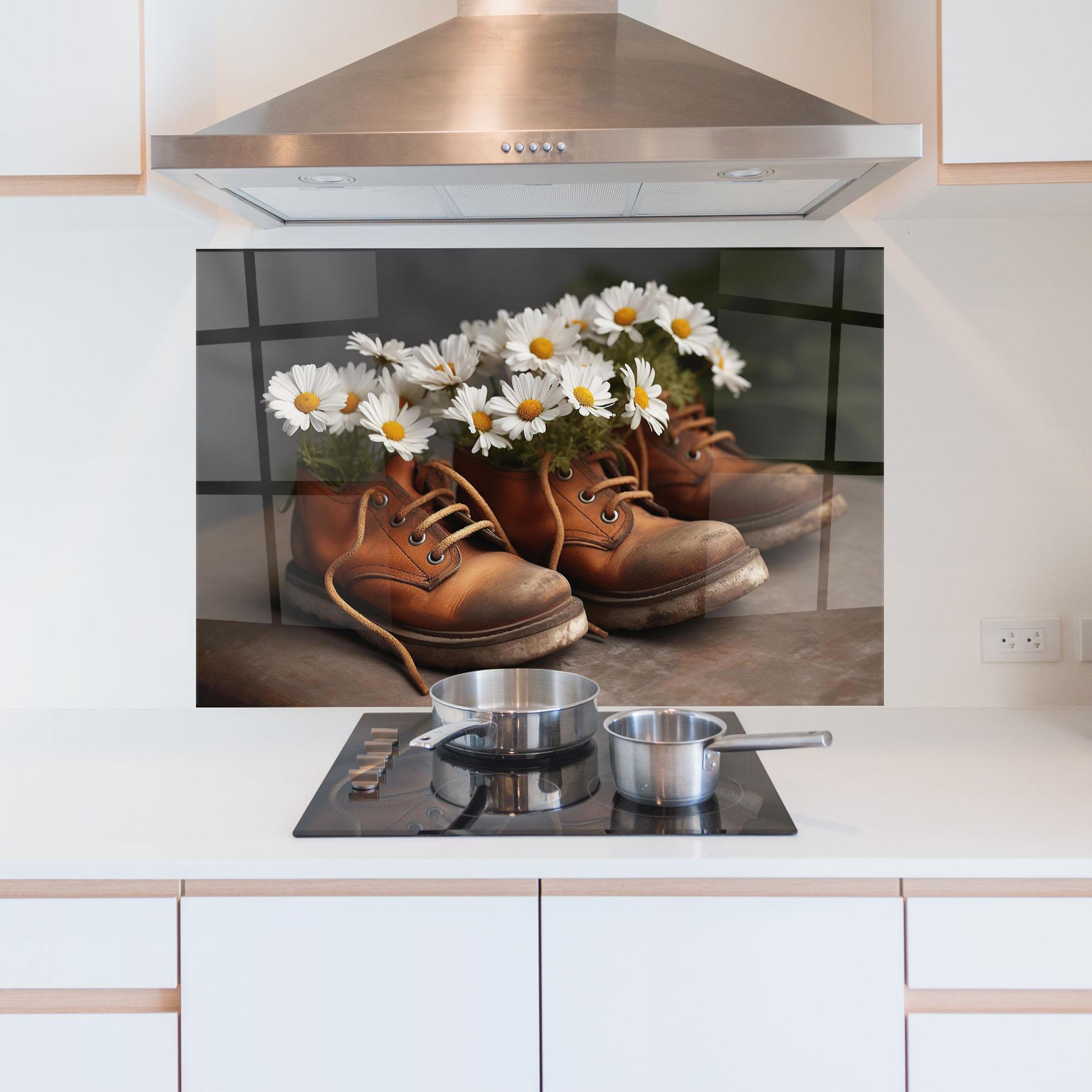 Panou Sticla Bucatarie Old Boot Flowers mockup 5