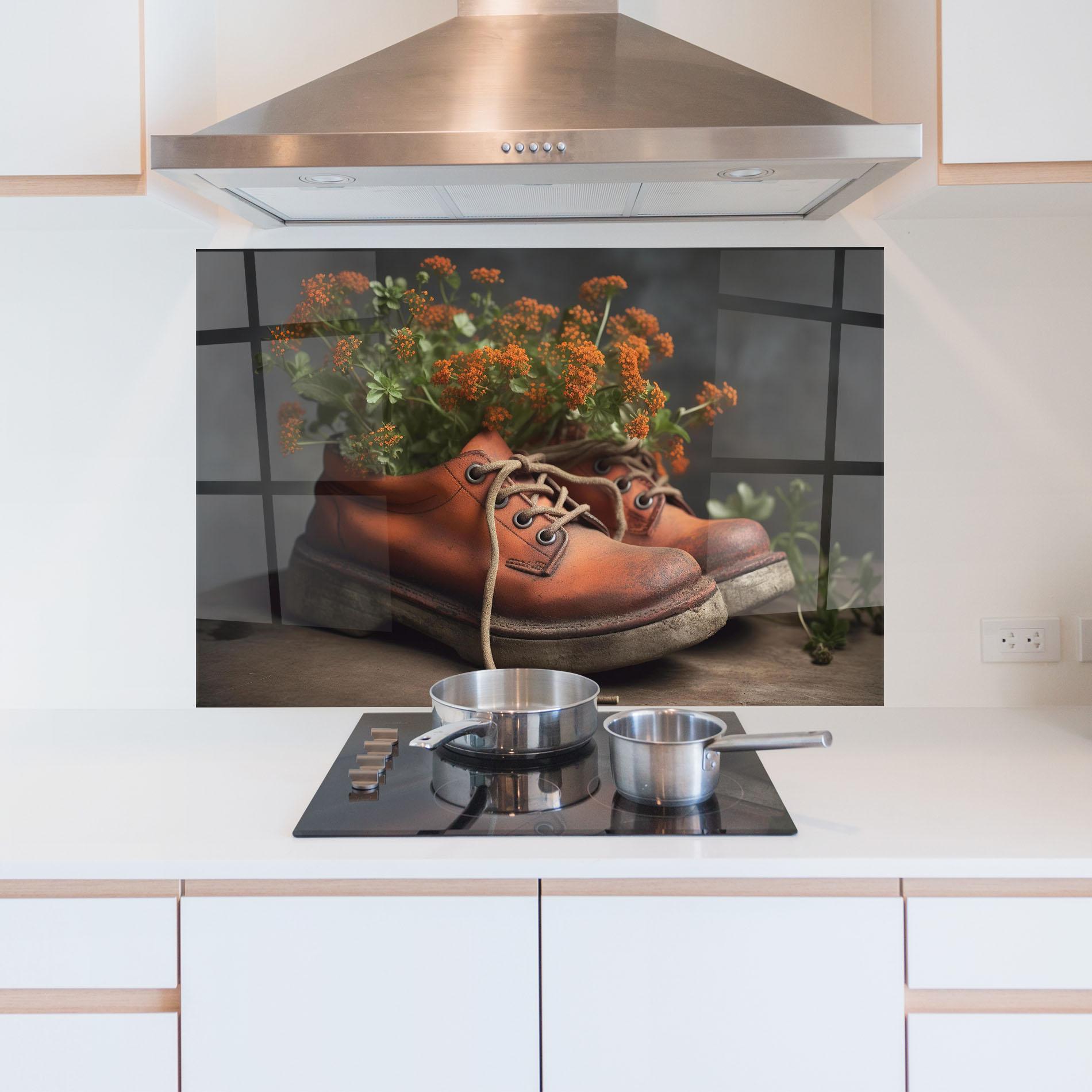 Panou Sticla Bucatarie Old Boot Spring Flowers mockup 5