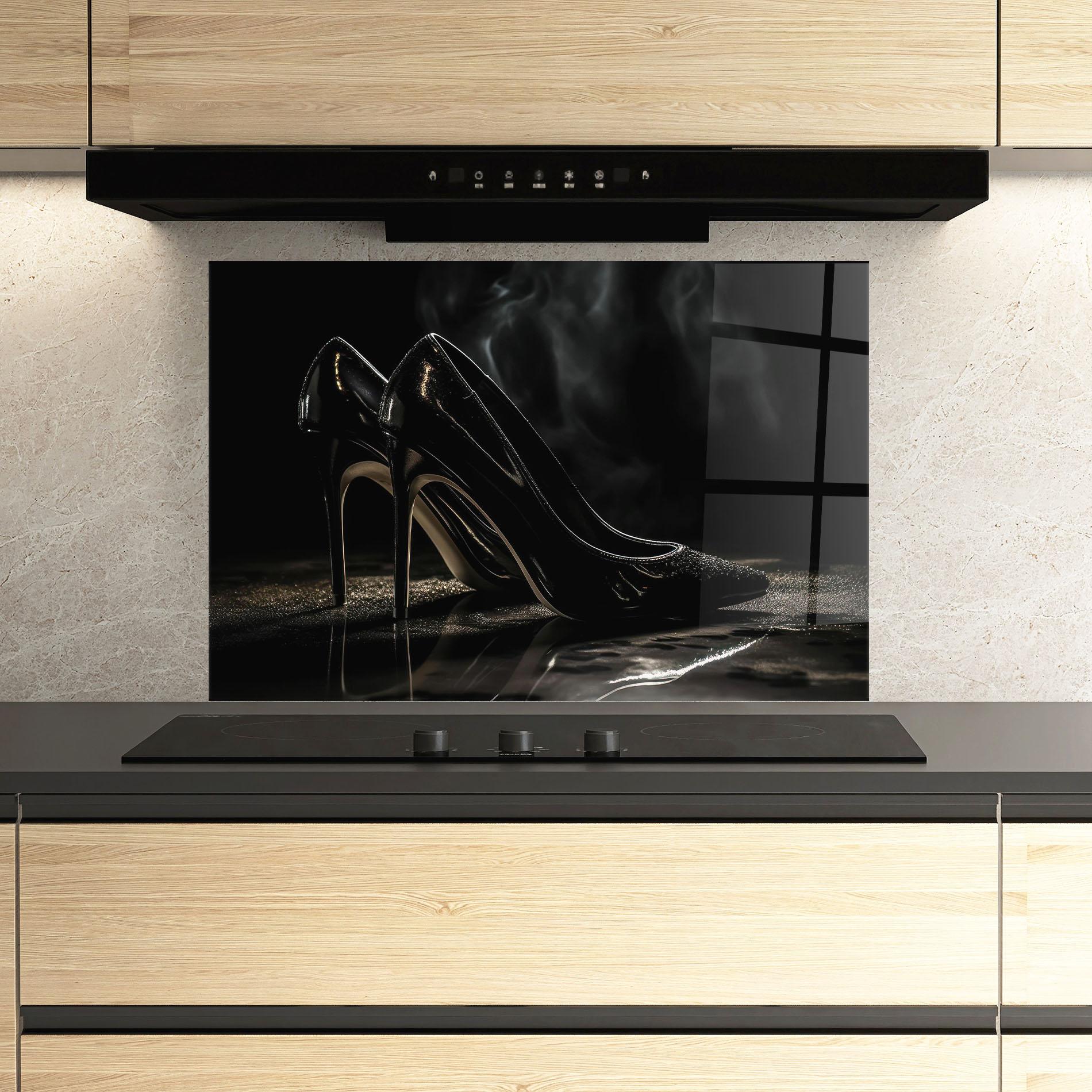 Panou Sticla Bucatarie Black Leather Shoes mockup 3