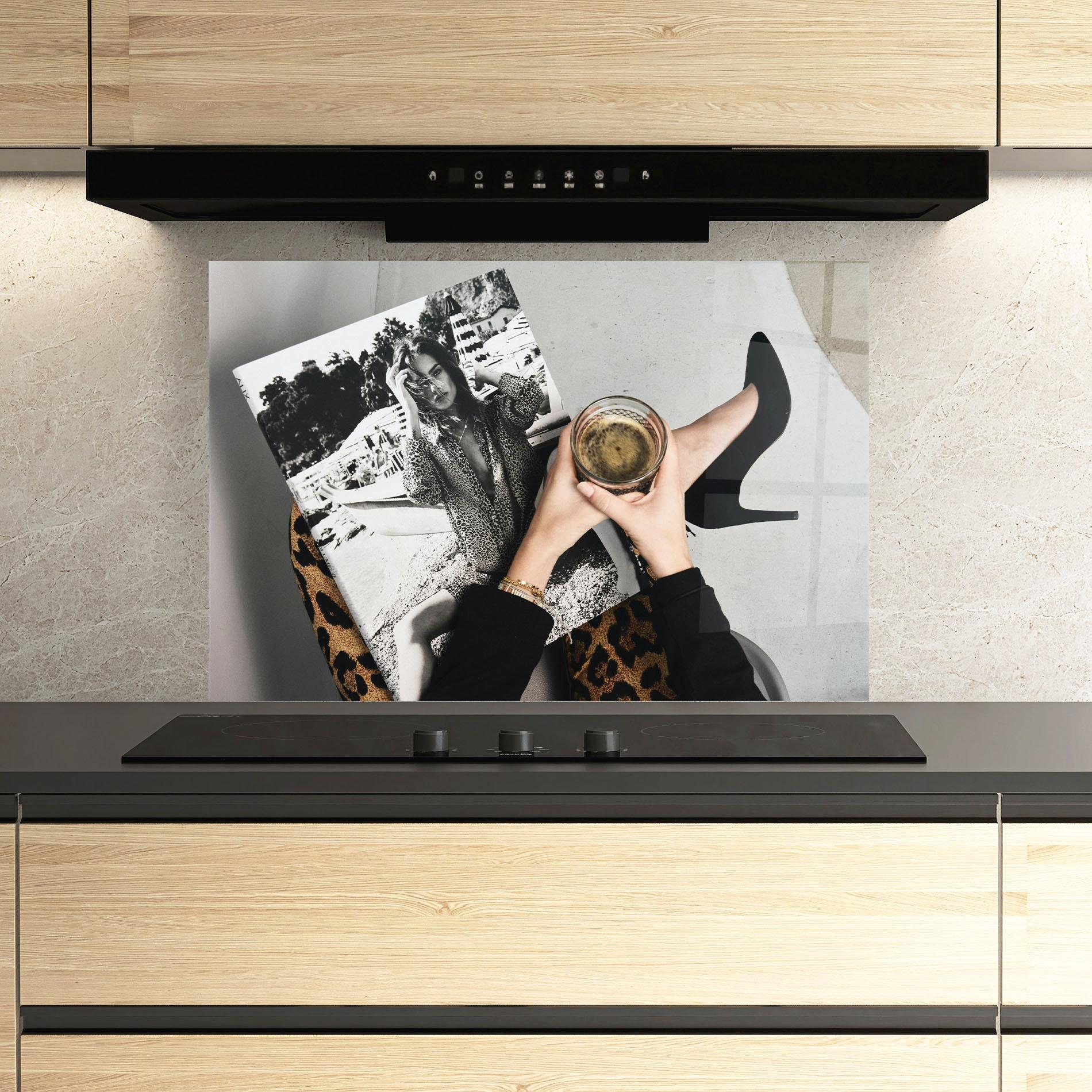 Panou Sticla Bucatarie Black Shoes Holding Coffee mockup 3
