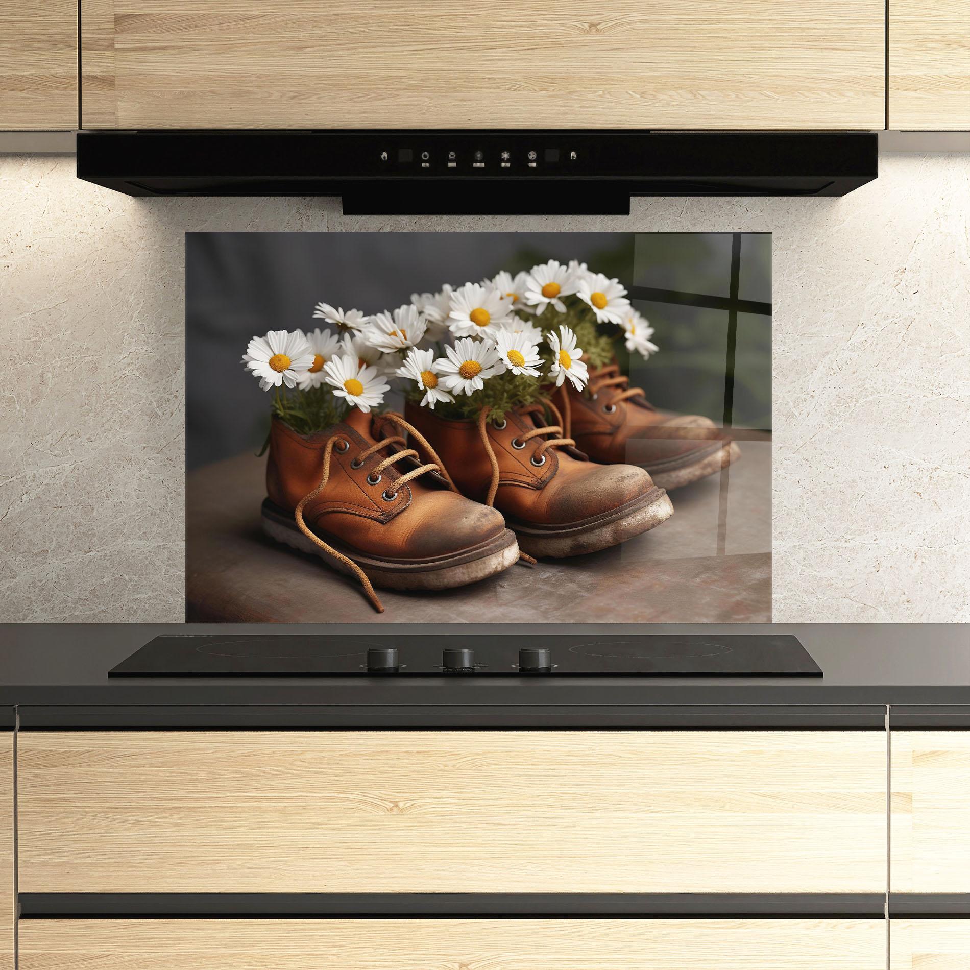 Panou Sticla Bucatarie Old Boot Flowers mockup 3