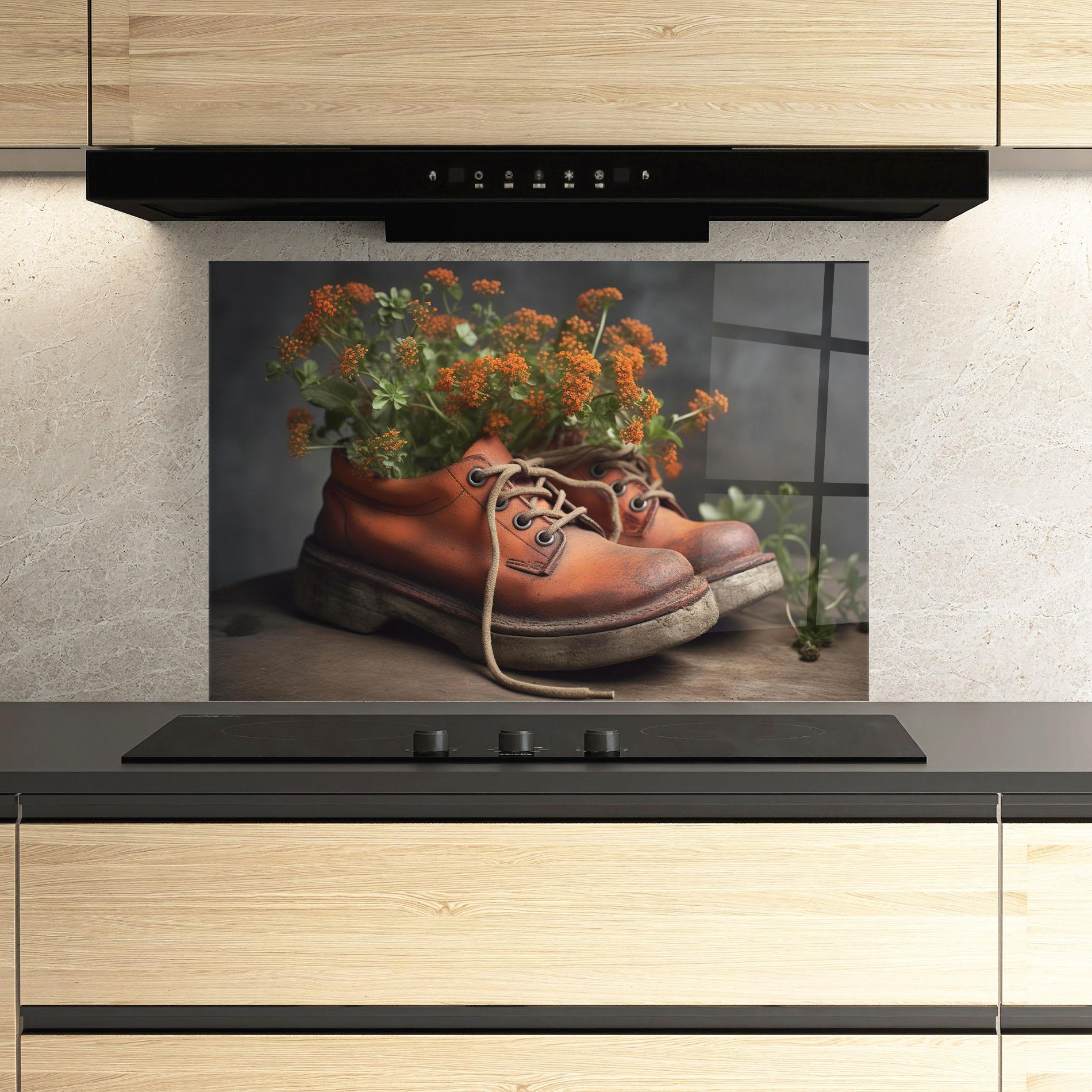 Panou Sticla Bucatarie Old Boot Spring Flowers mockup 3