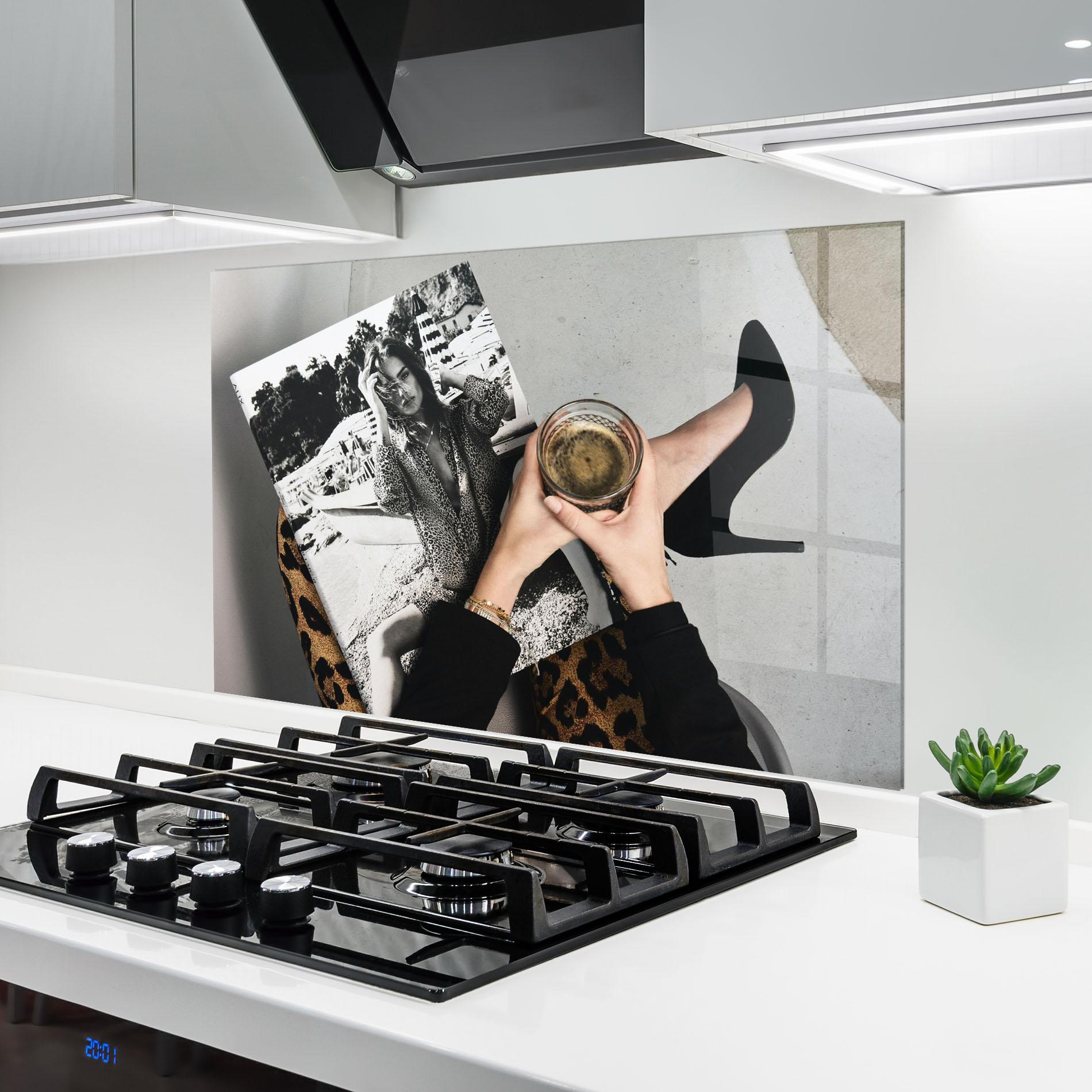 Panou Sticla Bucatarie Black Shoes Holding Coffee mockup 6