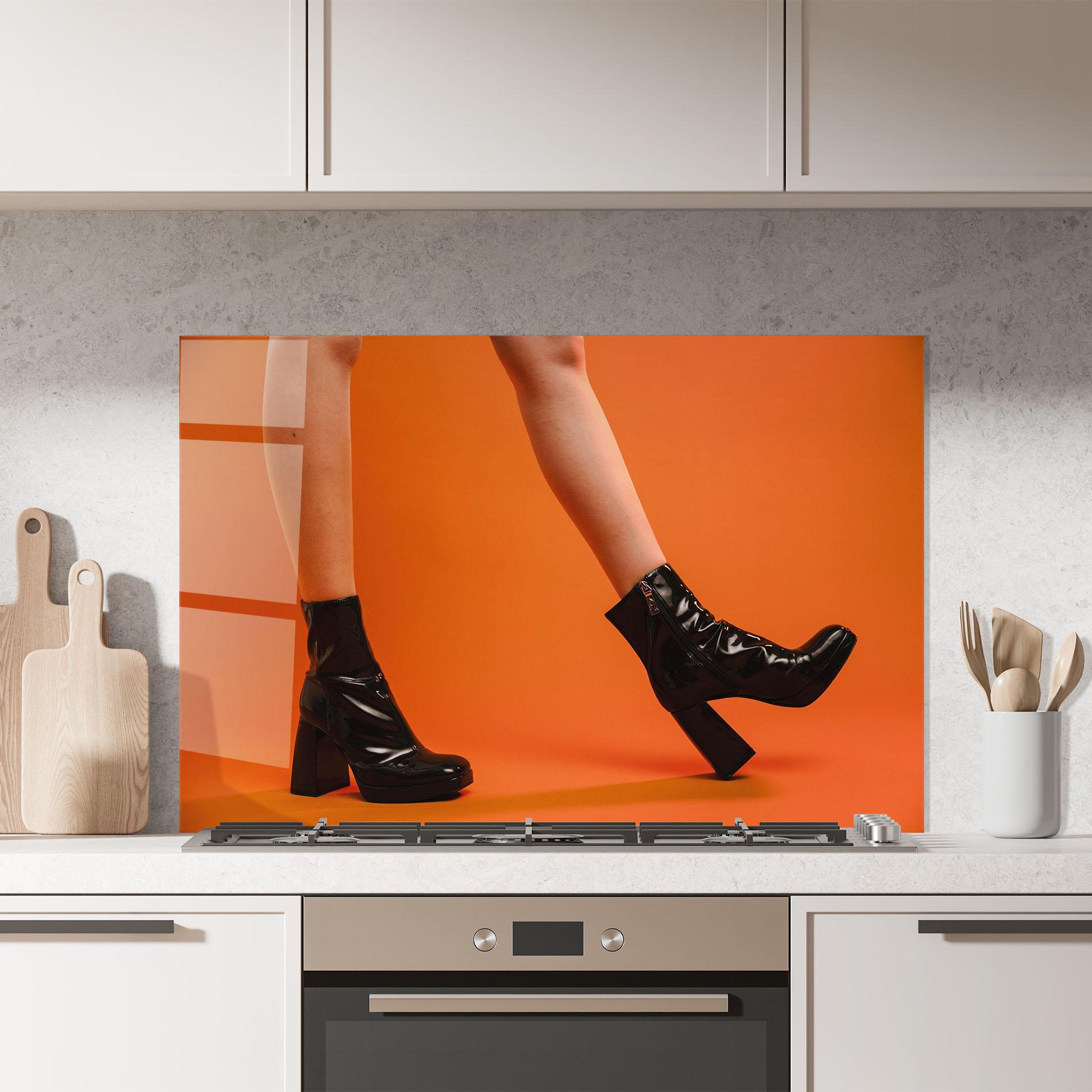 Panou Sticla Bucatarie Black Boots On Orange mockup 7