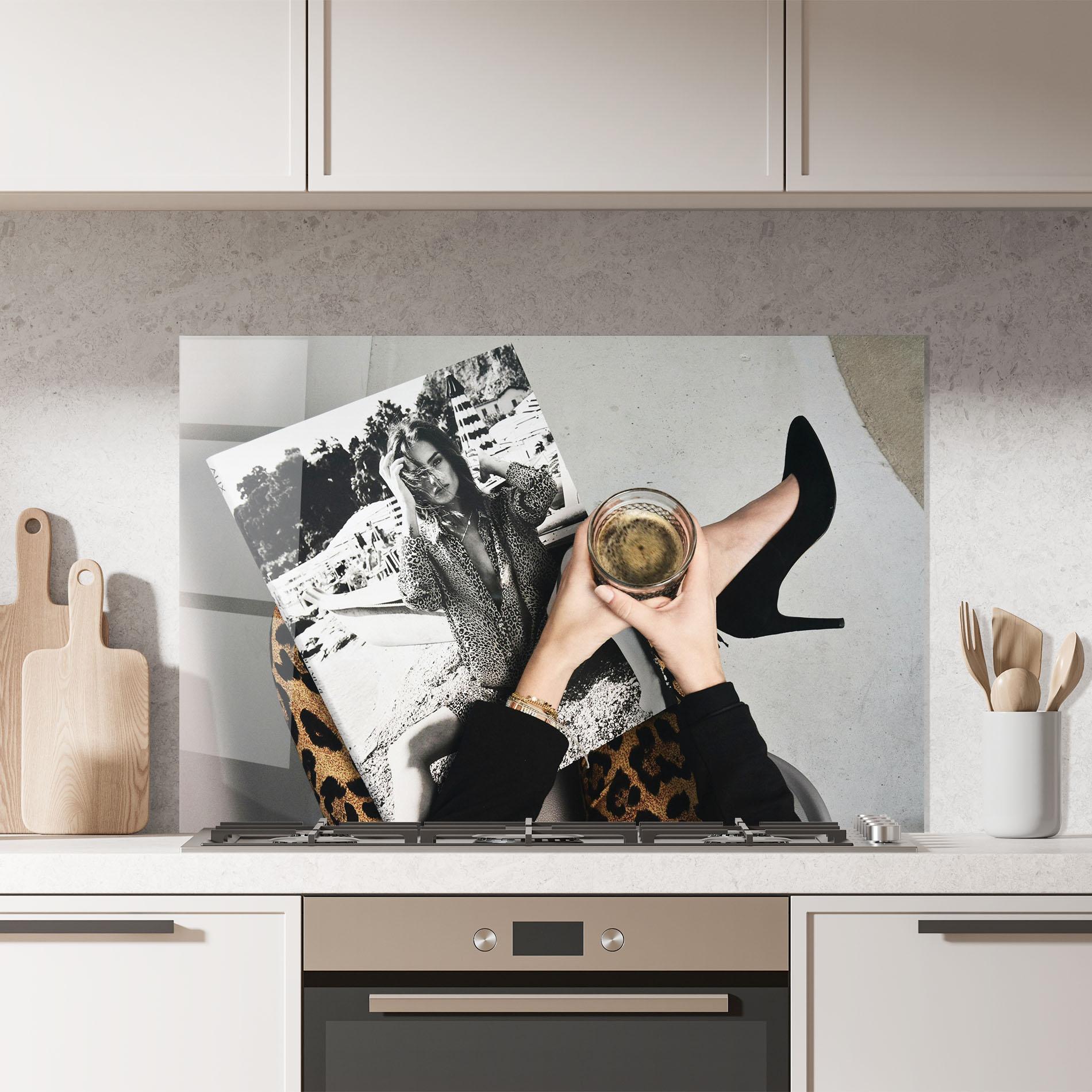 Panou Sticla Bucatarie Black Shoes Holding Coffee mockup 7