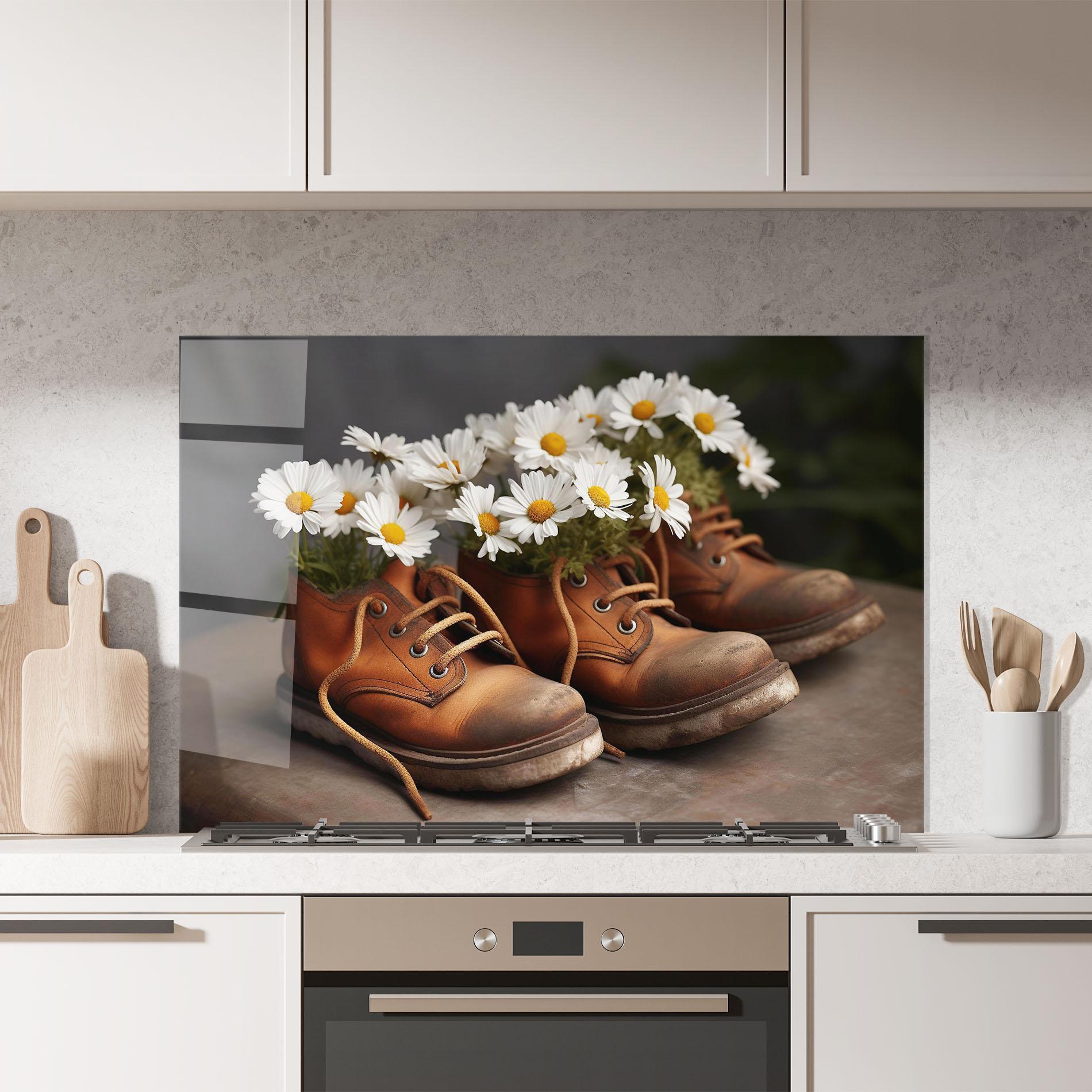 Panou Sticla Bucatarie Old Boot Flowers mockup 7