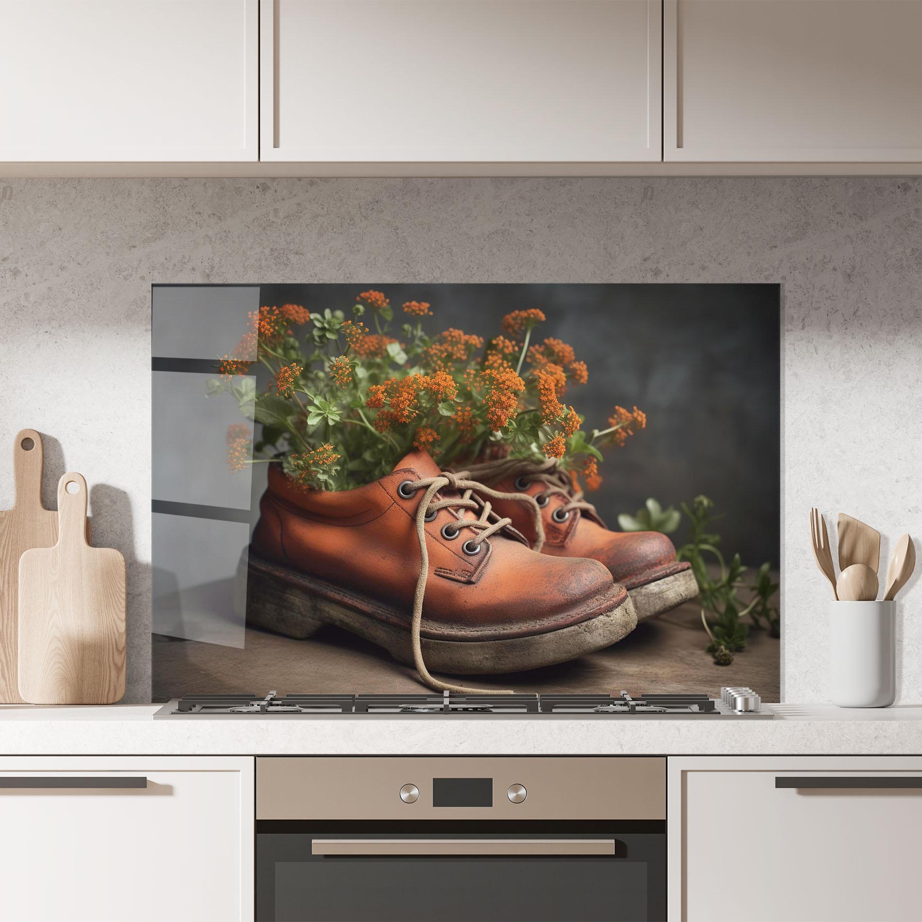 Panou Sticla Bucatarie Old Boot Spring Flowers mockup 7