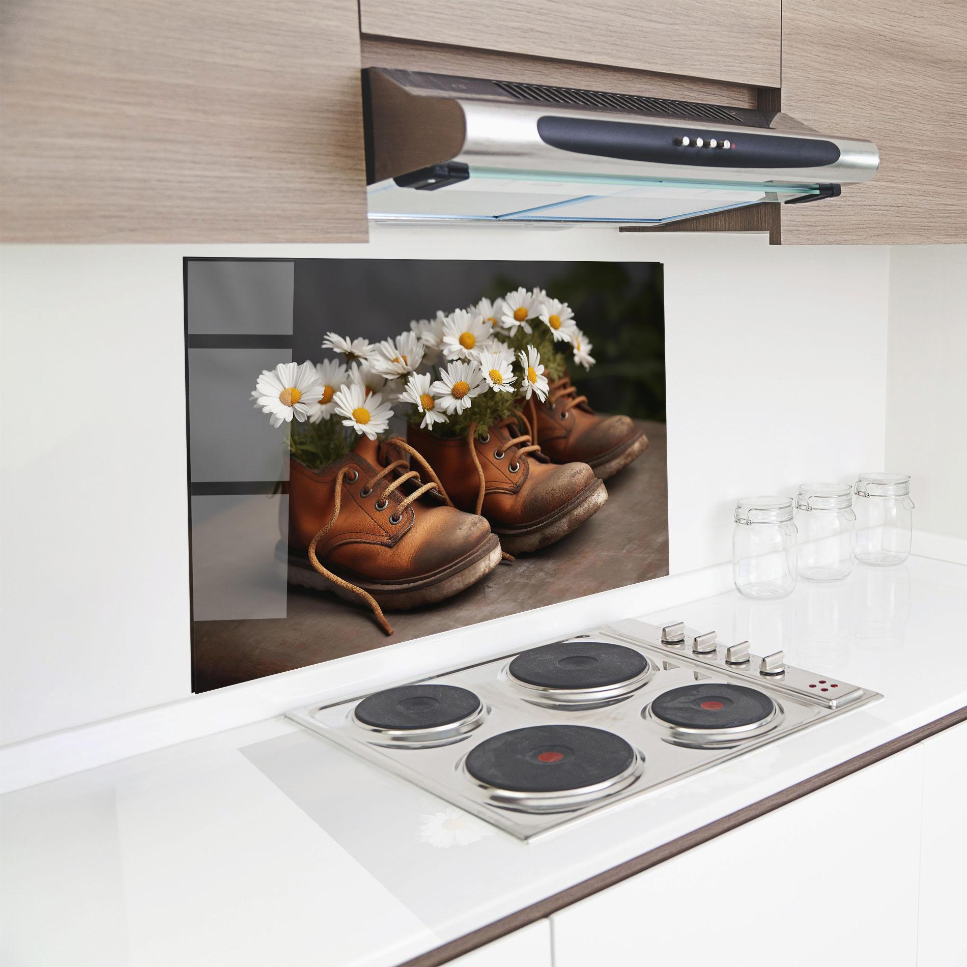 Panou Sticla Bucatarie Old Boot Flowers mockup 8