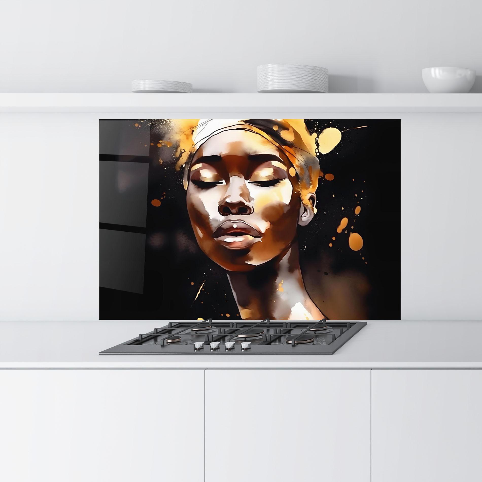 Panou Sticla Bucatarie Abstract Gold Woman mockup 9