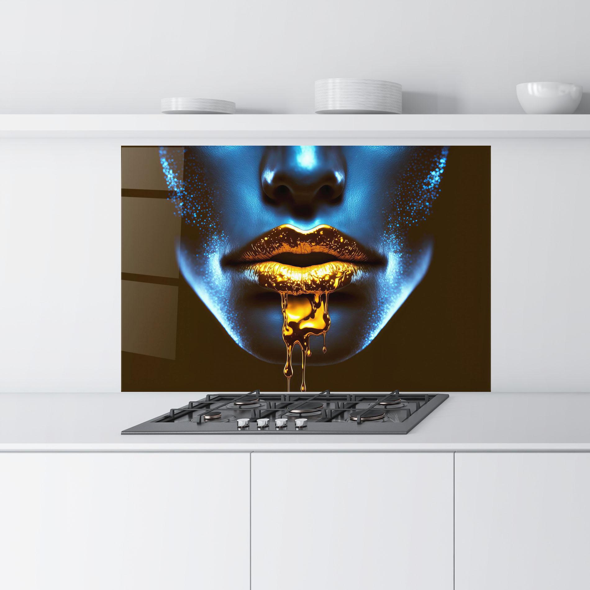 Panou Sticla Bucatarie Blue Gold Lips mockup 9