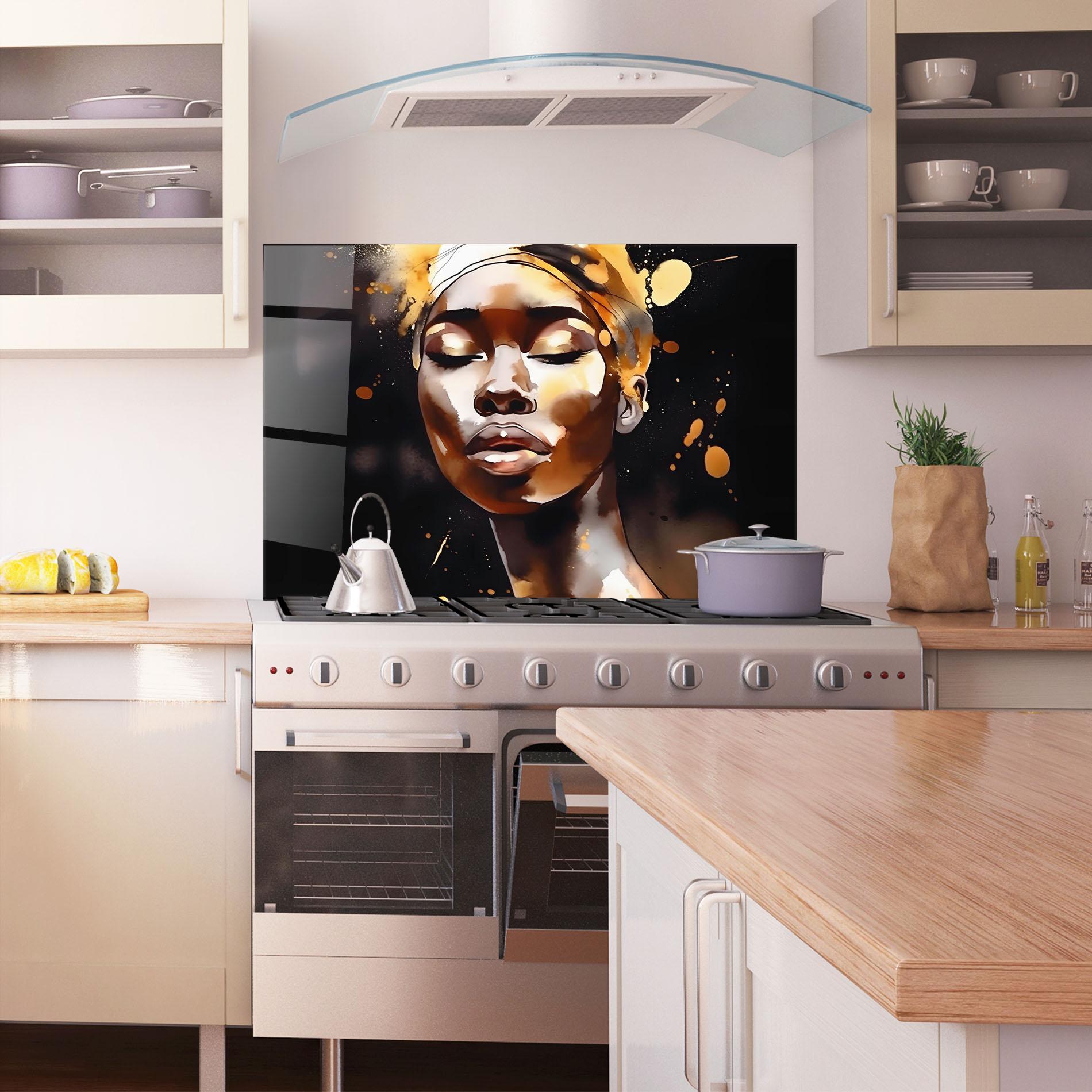 Panou Sticla Bucatarie Abstract Gold Woman mockup 1