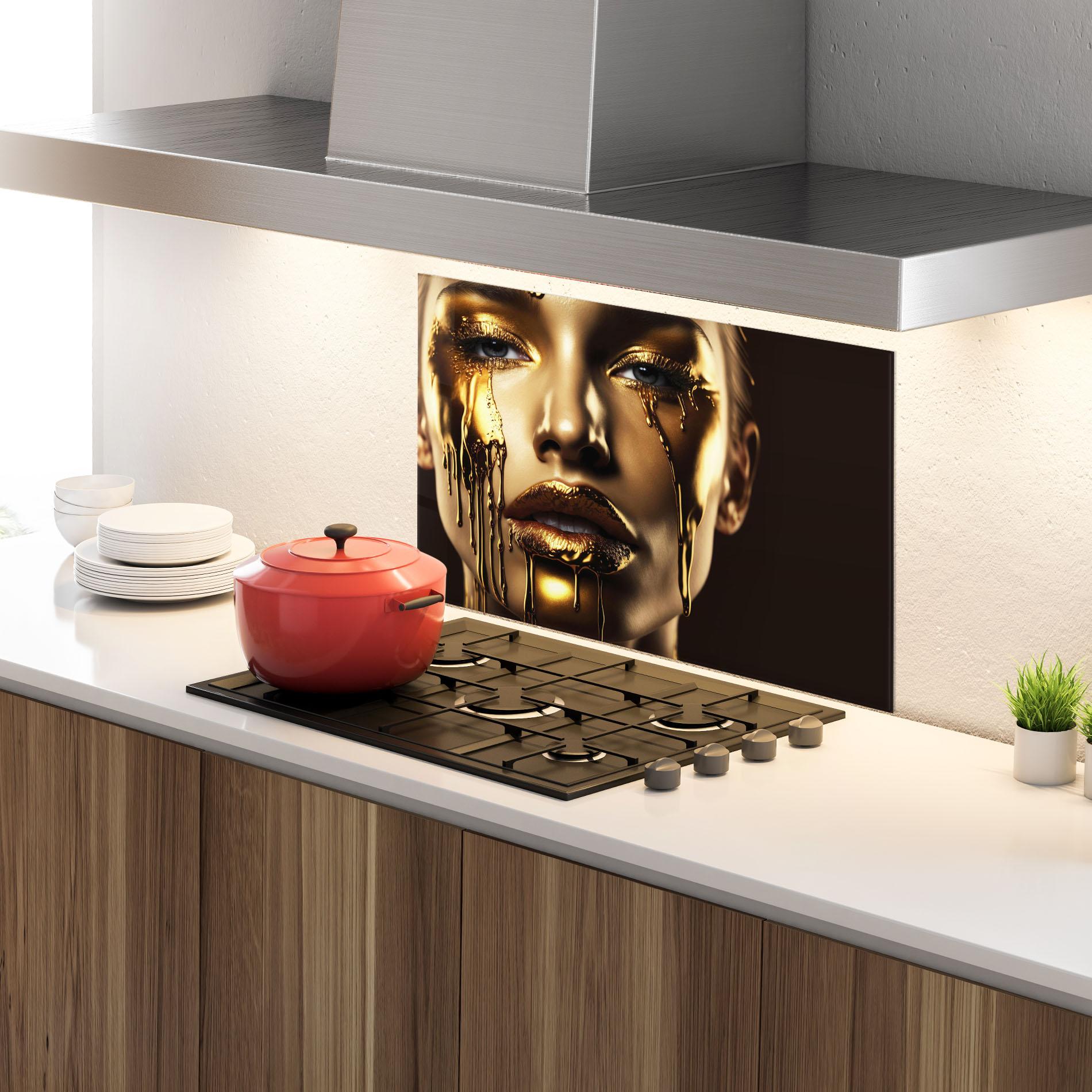 Panou Sticla Bucatarie Yellow Dripping Gold mockup 4