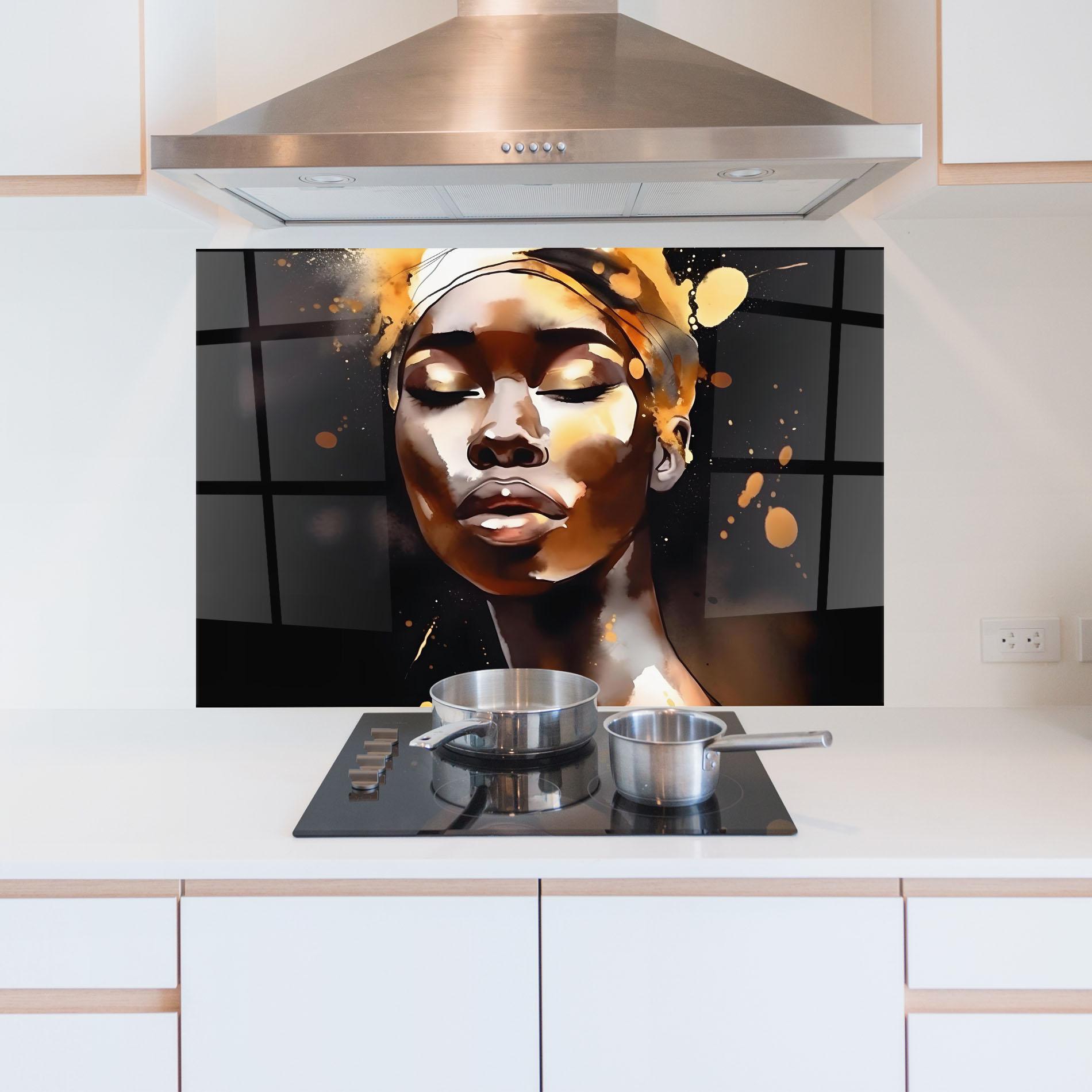 Panou Sticla Bucatarie Abstract Gold Woman mockup 5