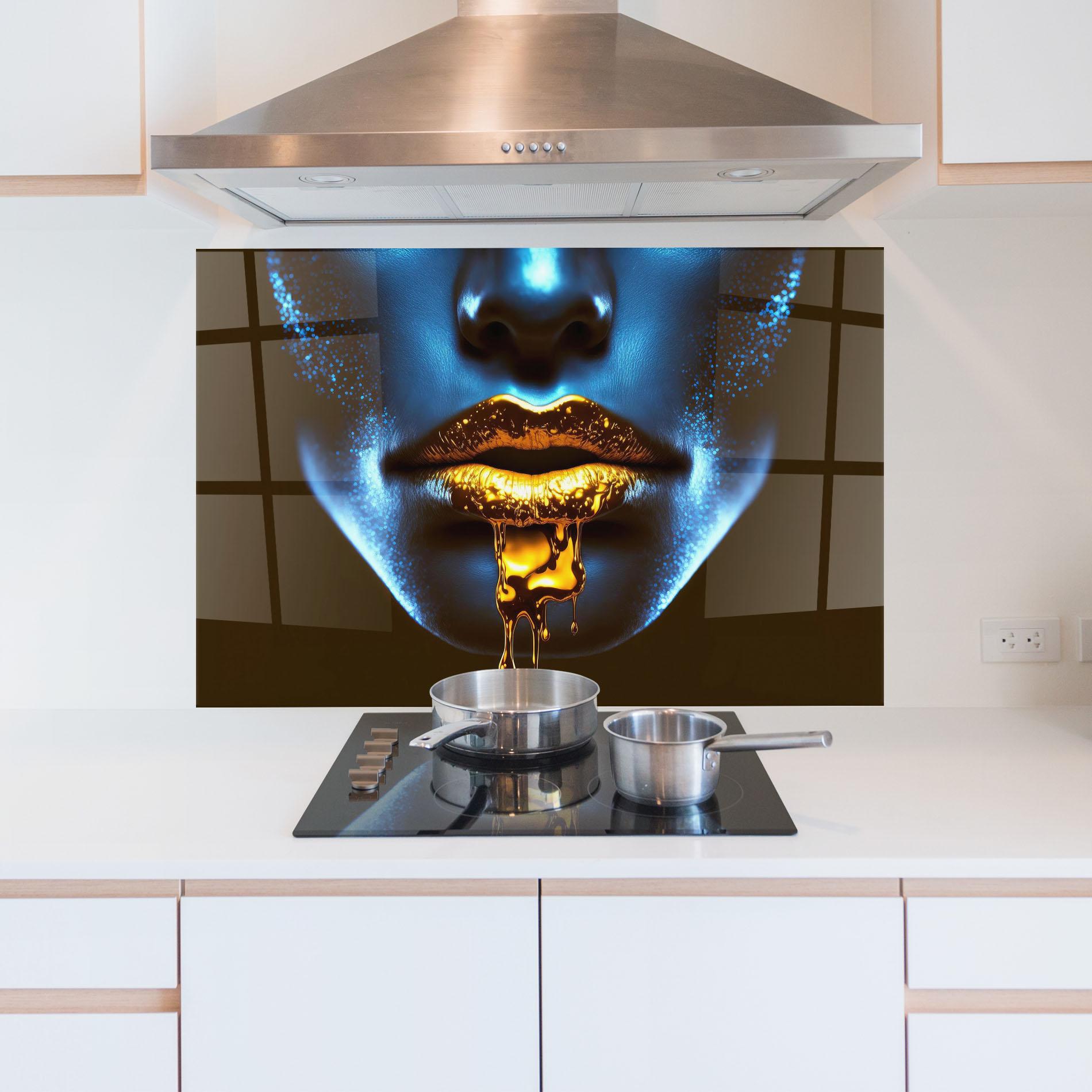 Panou Sticla Bucatarie Blue Gold Lips mockup 5