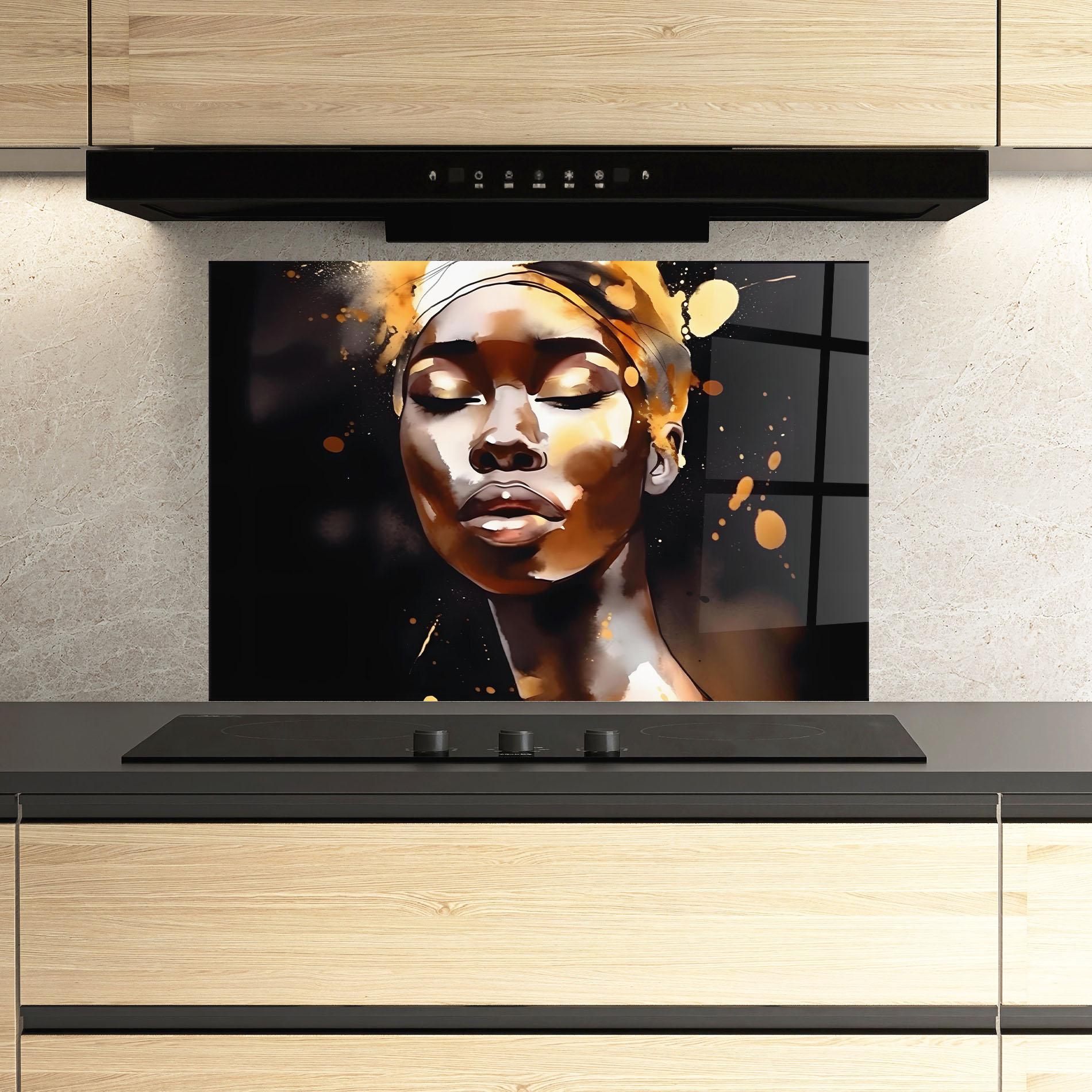 Panou Sticla Bucatarie Abstract Gold Woman mockup 3