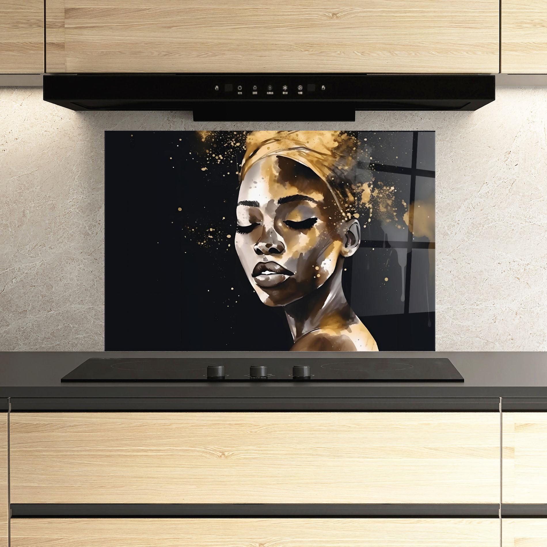 Panou Sticla Bucatarie Stylish Gold African mockup 3