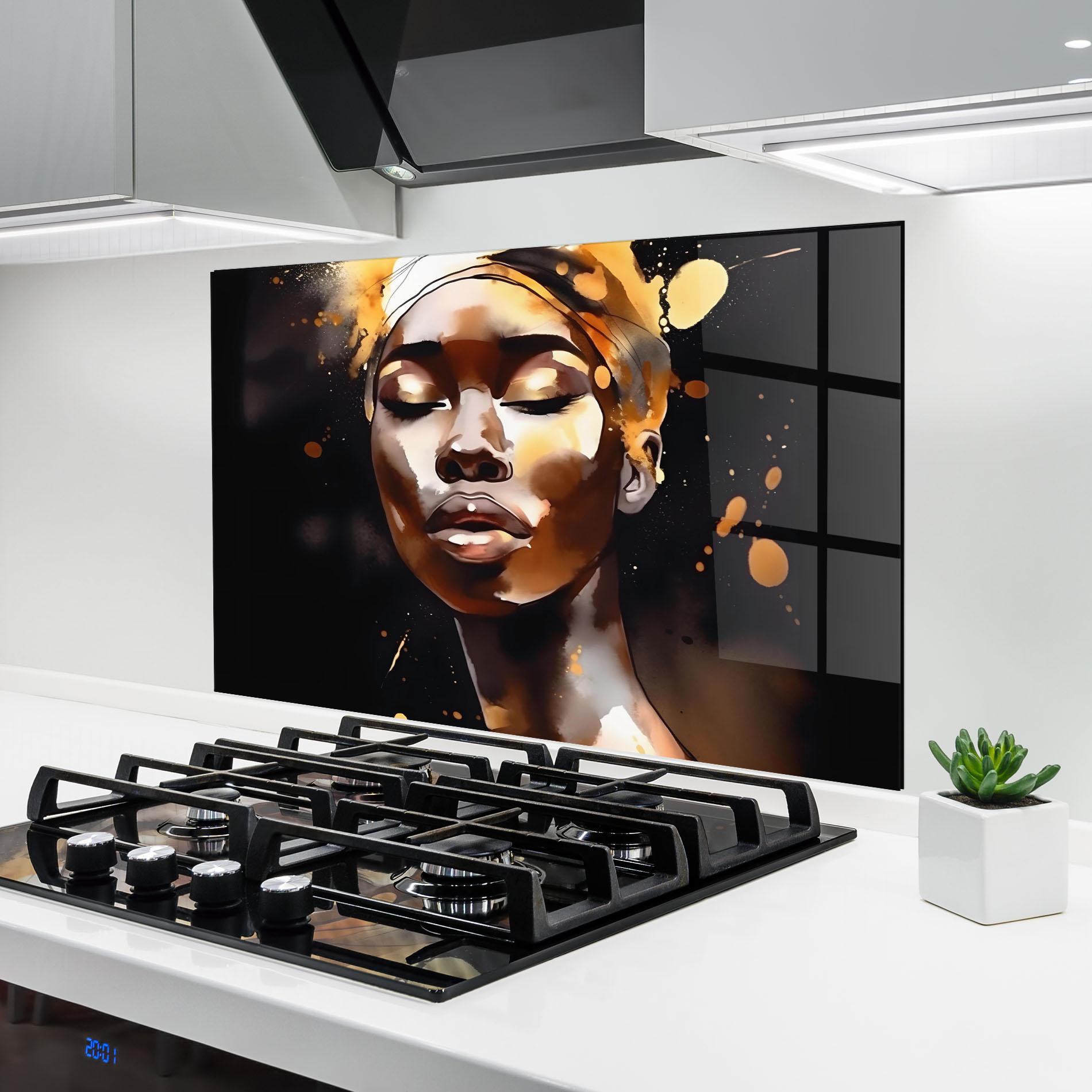 Panou Sticla Bucatarie Abstract Gold Woman mockup 6