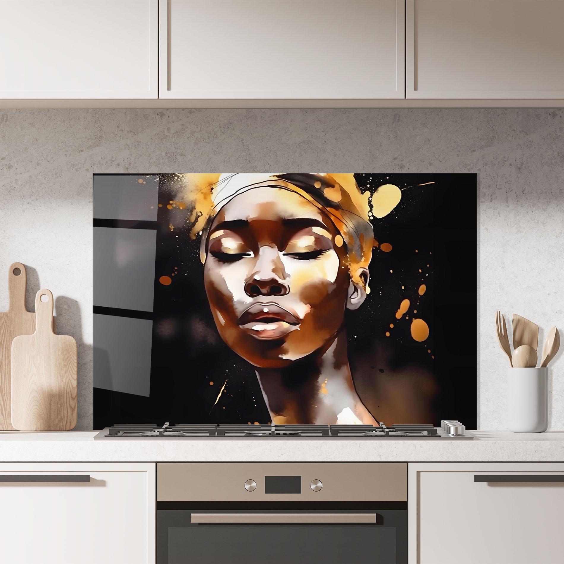 Panou Sticla Bucatarie Abstract Gold Woman mockup 7