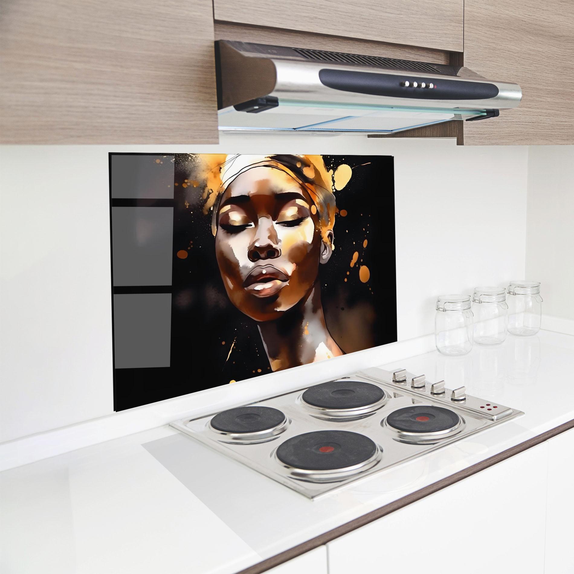 Panou Sticla Bucatarie Abstract Gold Woman mockup 8