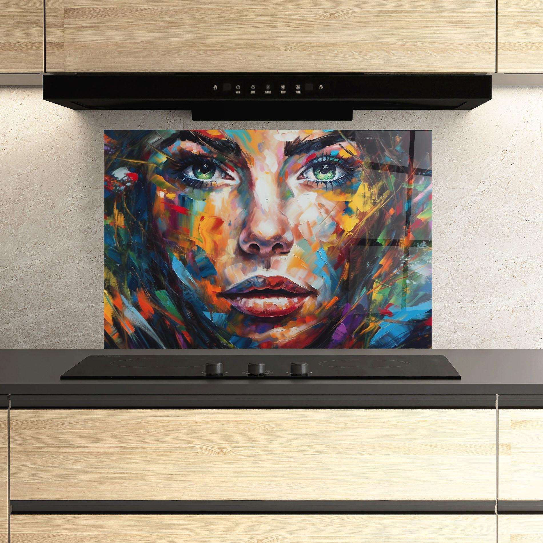 Panou Sticla Bucatarie Vibrant Color Woman Paint mockup 3