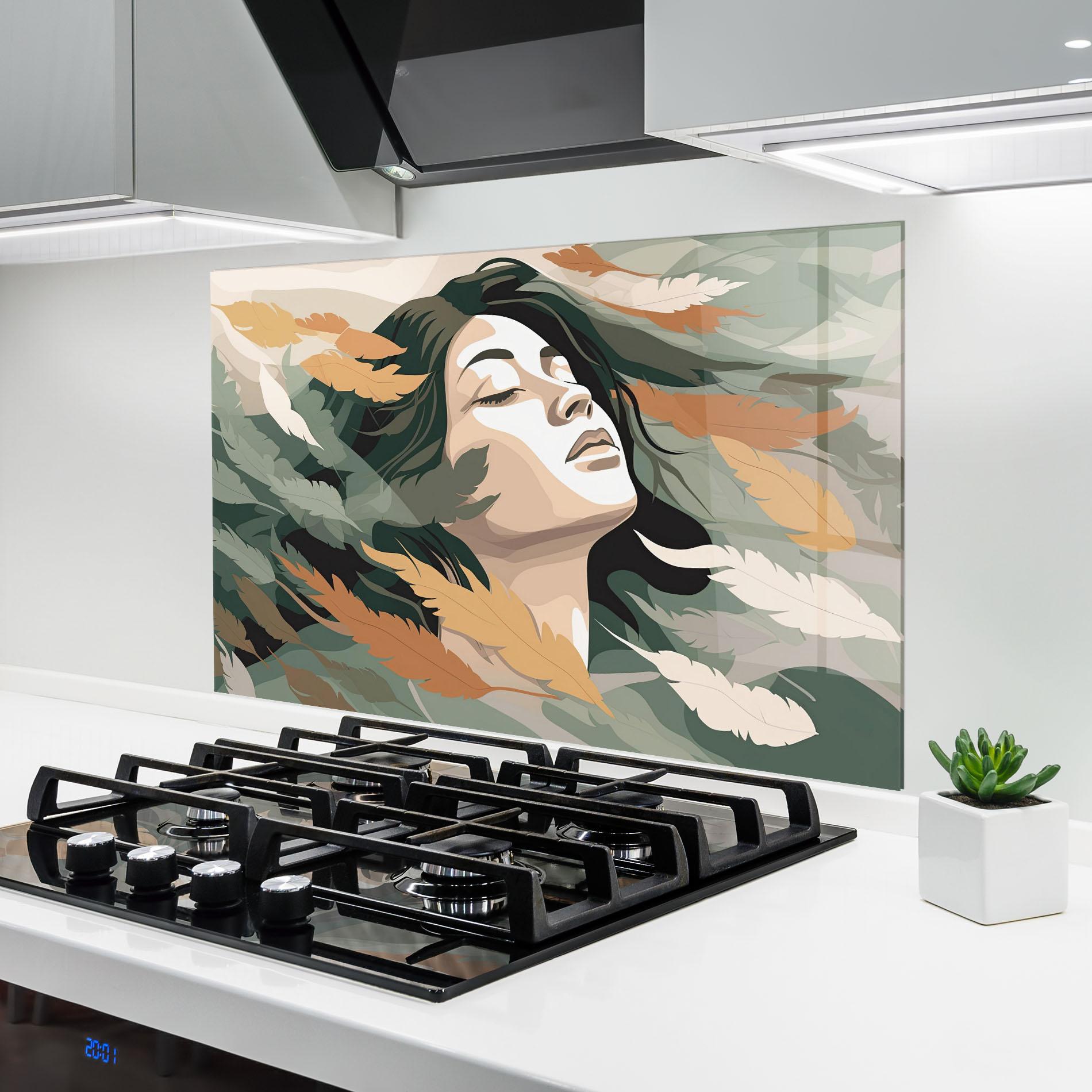 Panou Sticla Bucatarie Dreamy Feather Female mockup 6