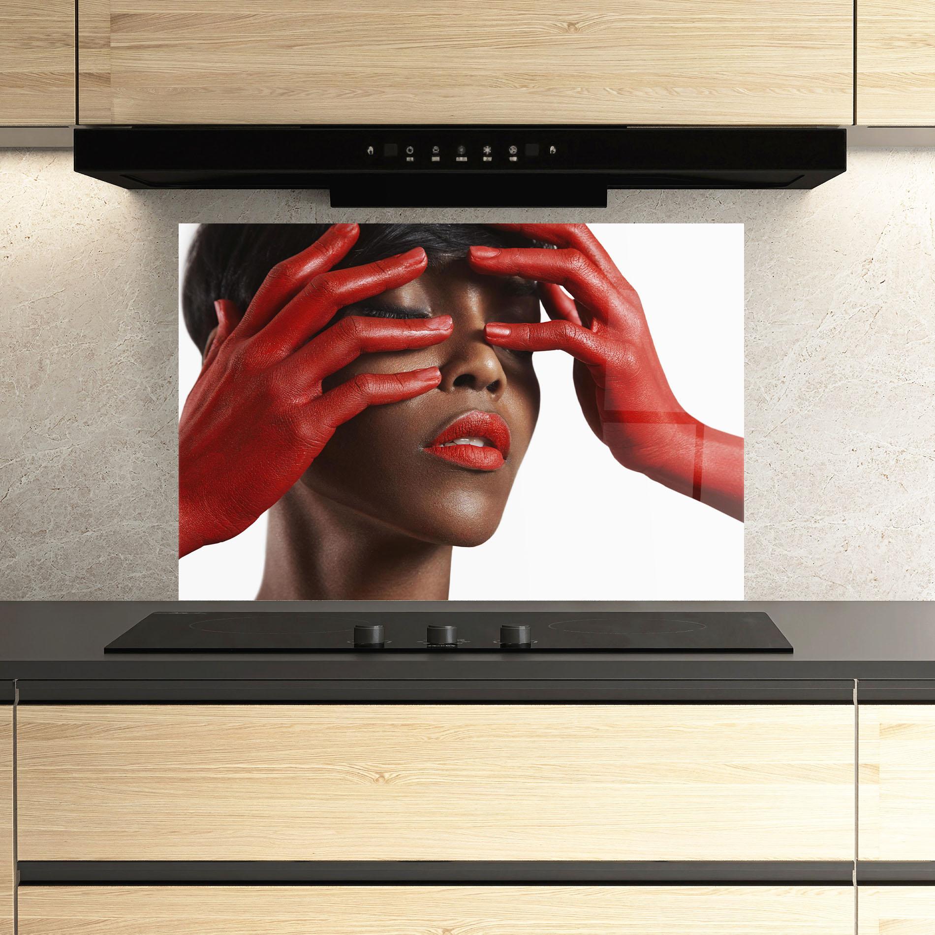 Panou Sticla Bucatarie Red Hands Woman mockup 3