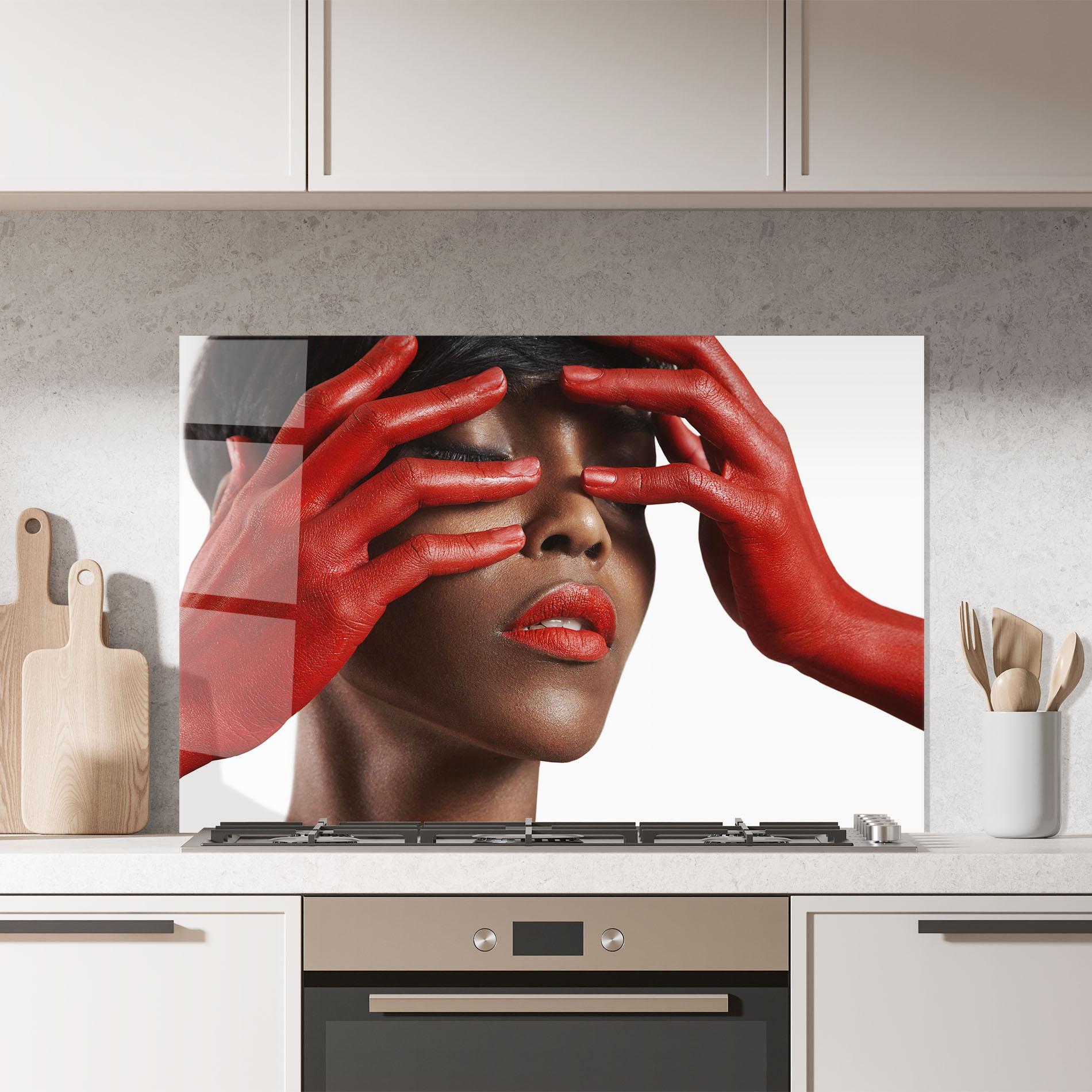 Panou Sticla Bucatarie Red Hands Woman mockup 7