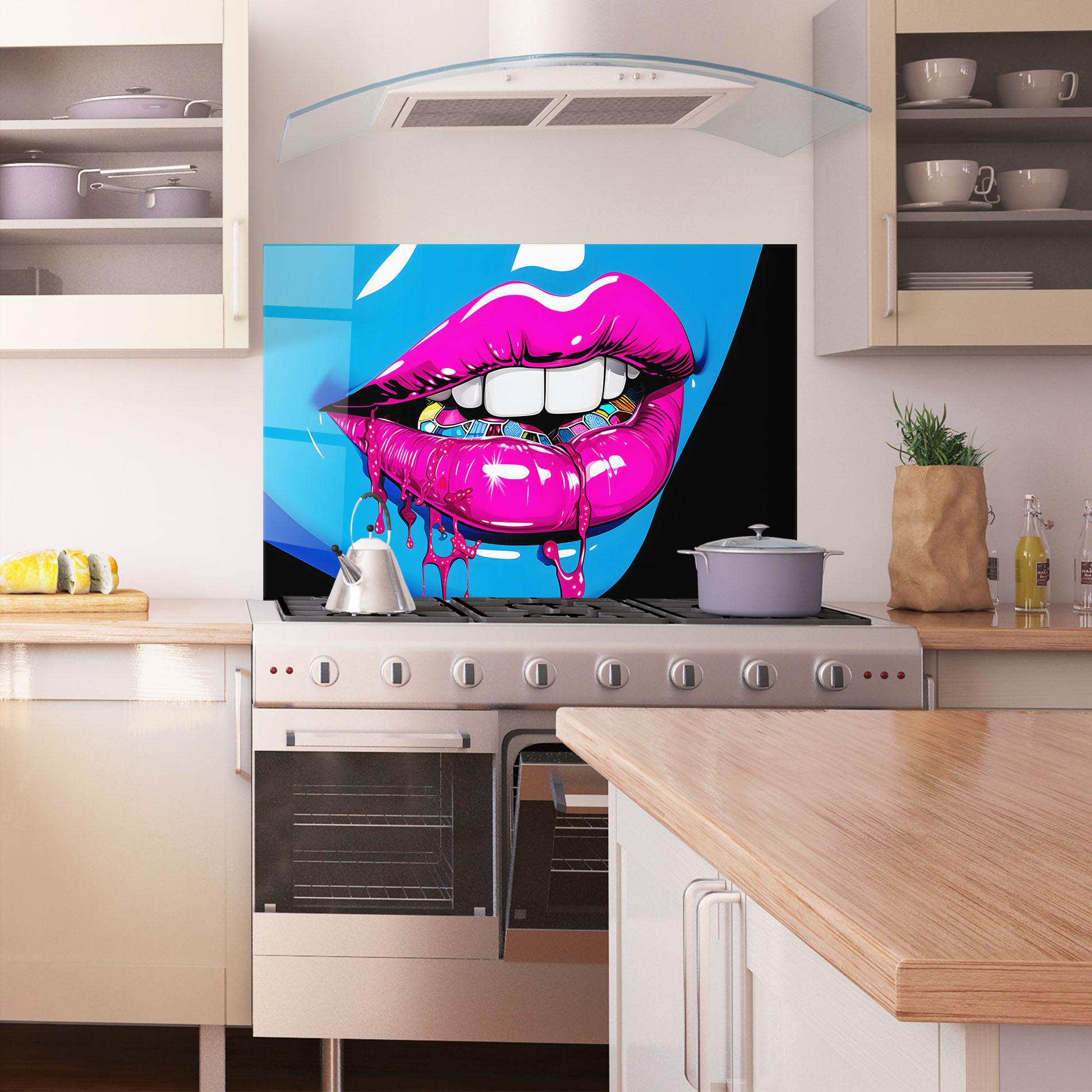 Panou Sticla Bucatarie Blue Pink Lips Art mockup 1