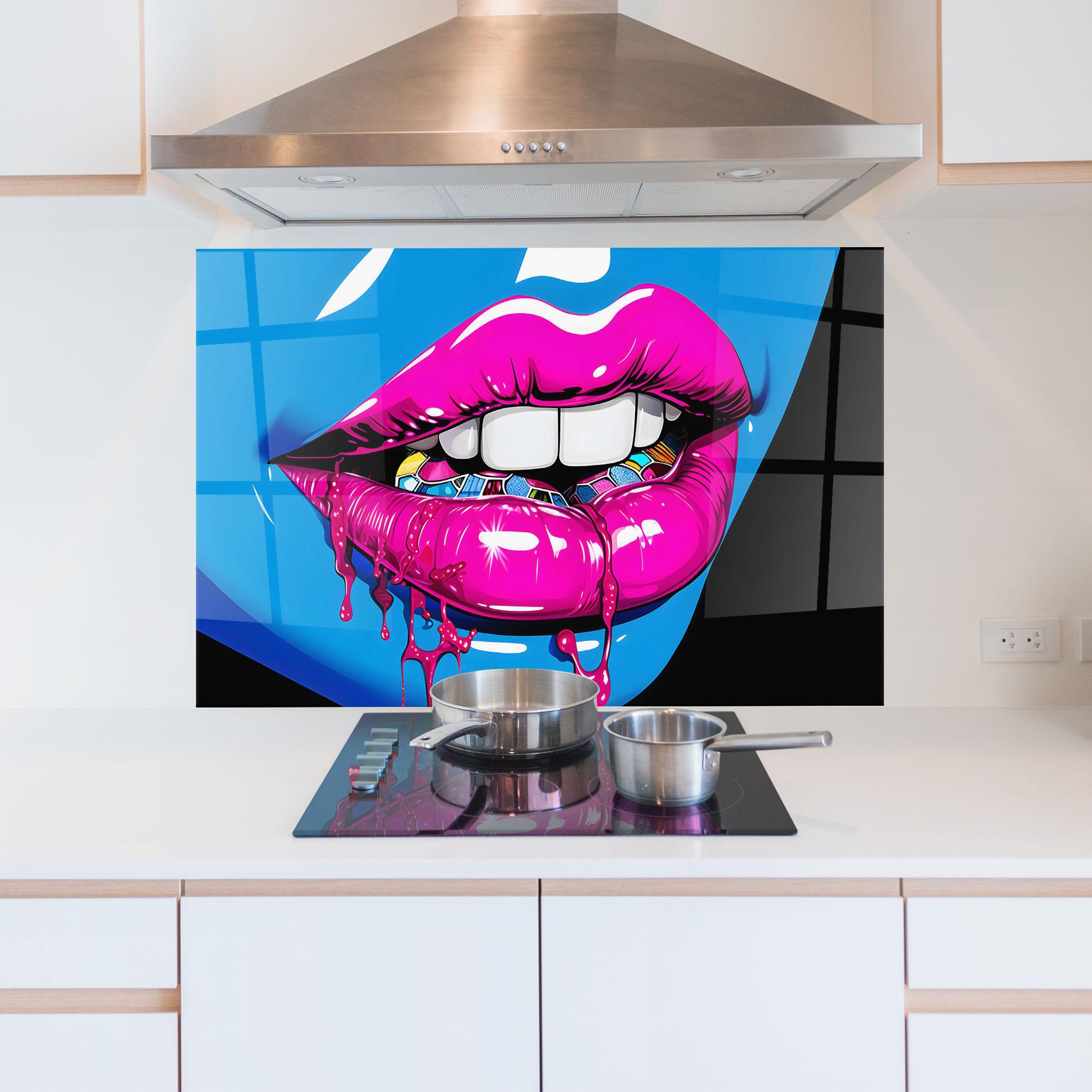 Panou Sticla Bucatarie Blue Pink Lips Art mockup 5