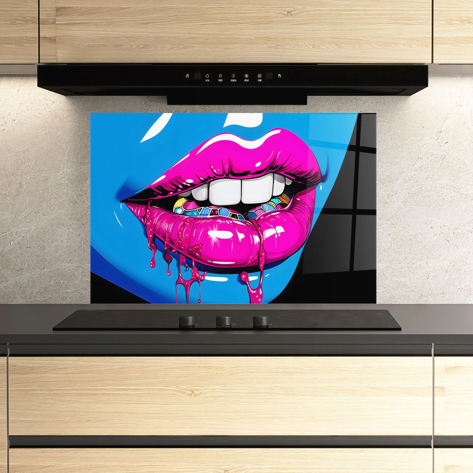 Panou Sticla Bucatarie Blue Pink Lips Art mockup 3