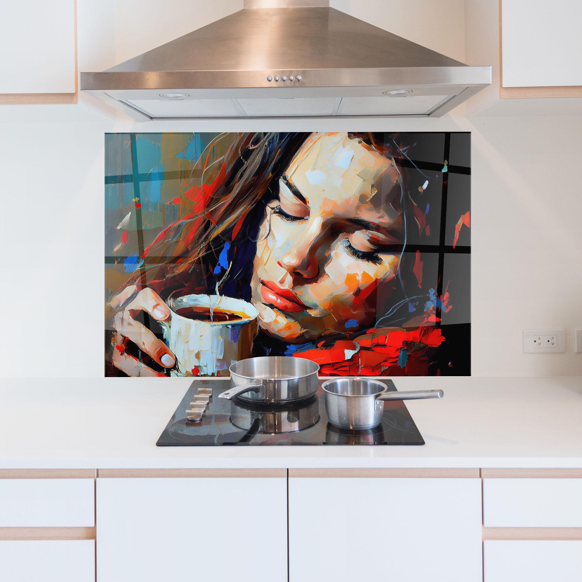 Panou Sticla Bucatarie Abstract Woman Coffee mockup 5