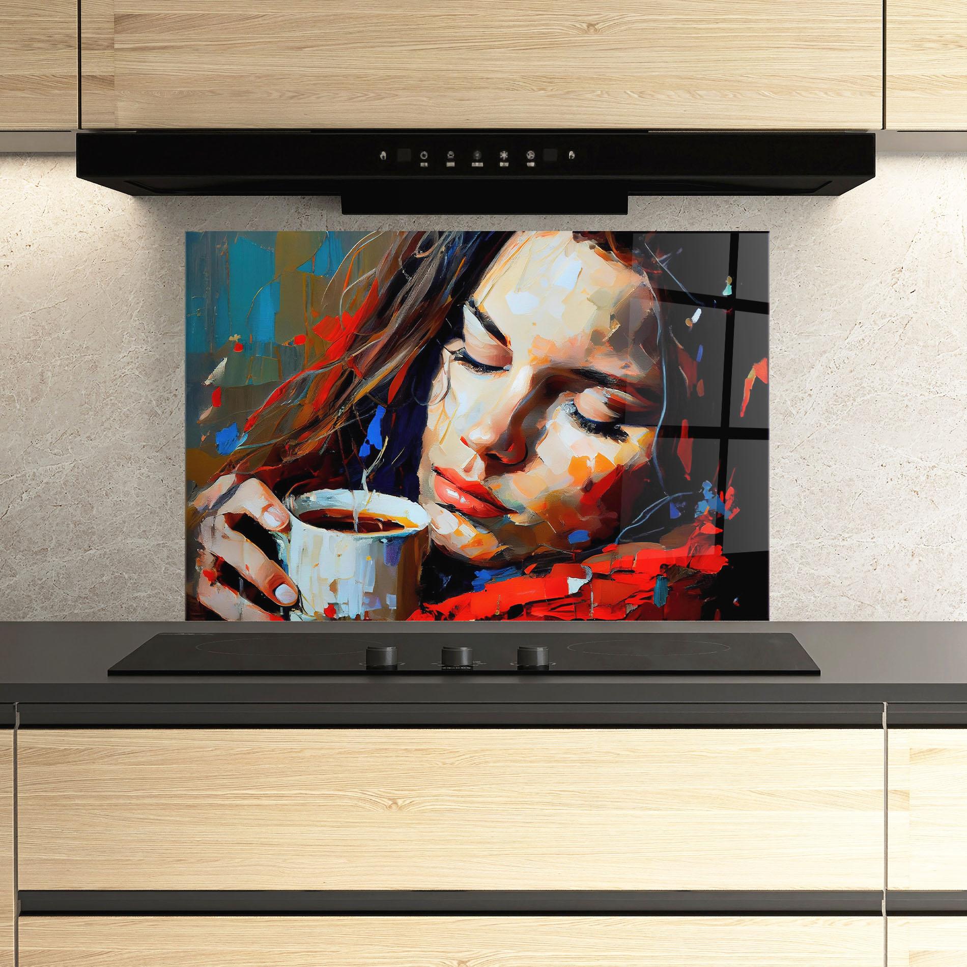 Panou Sticla Bucatarie Abstract Woman Coffee mockup 3