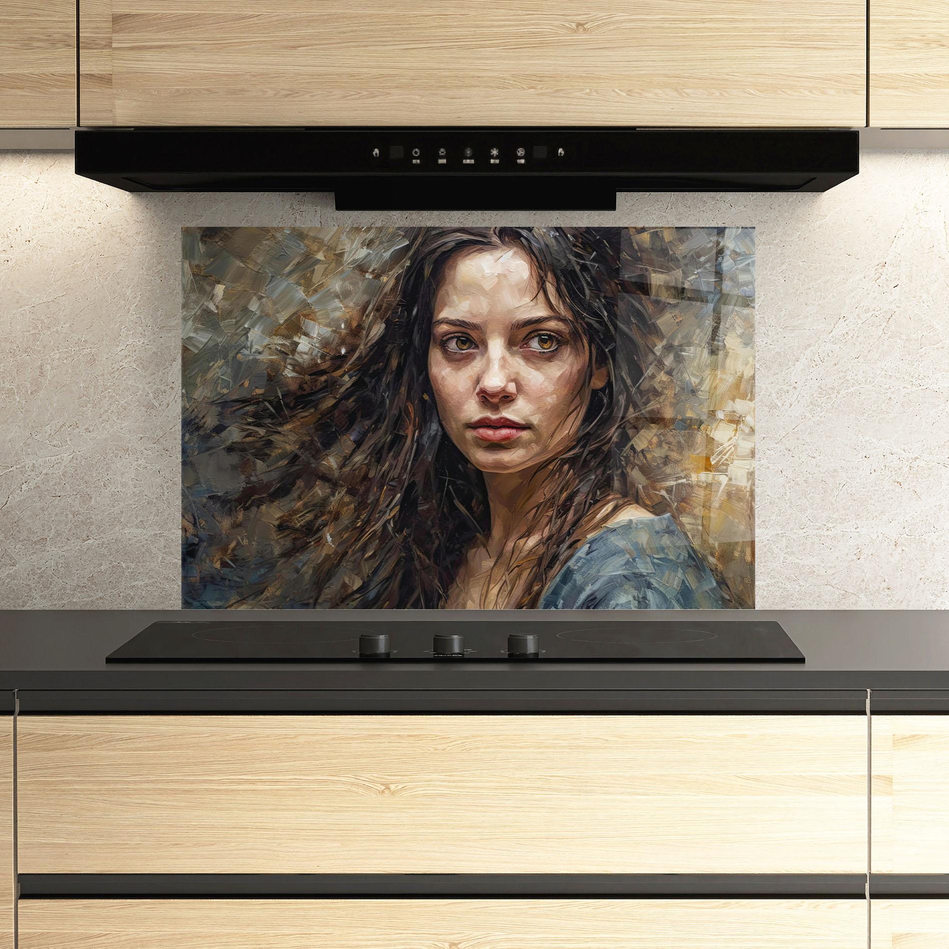 Panou Sticla Bucatarie Darkhaired Woman Portrait mockup 3