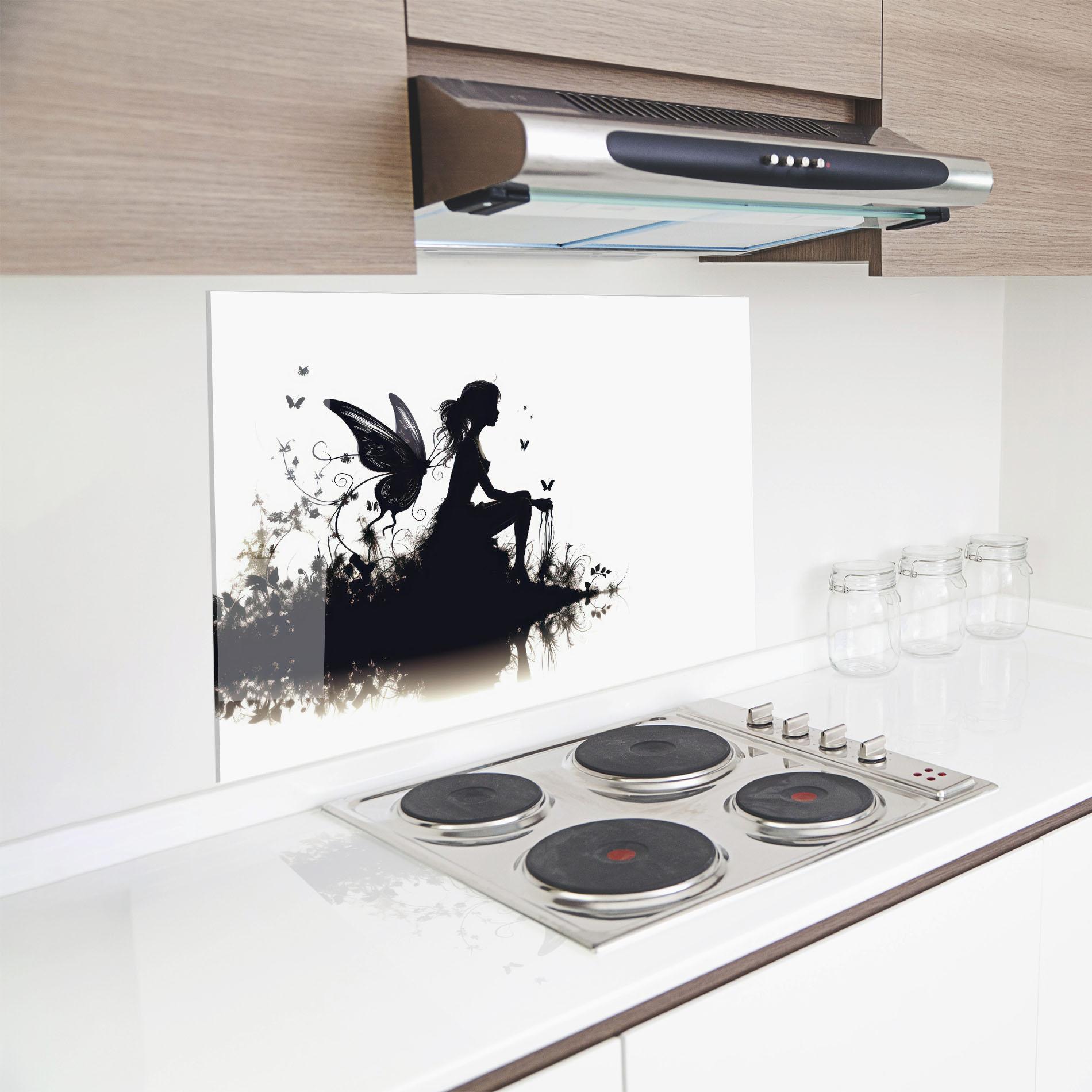 Panou Sticla Bucatarie Butterfly Woman Shilouette mockup 8
