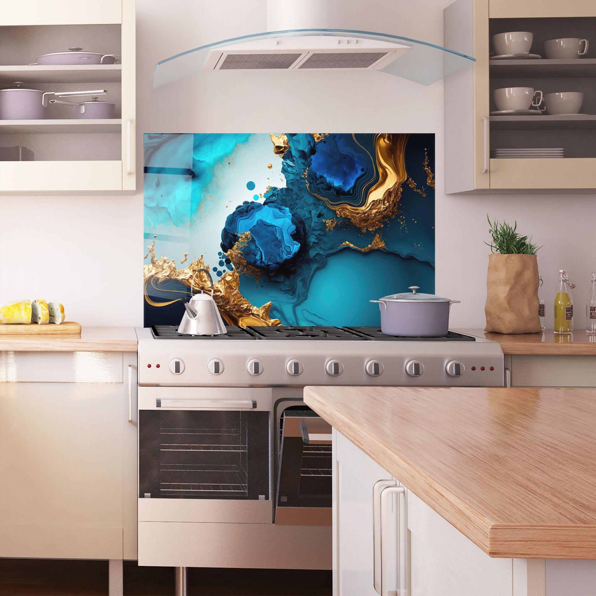 Panou Sticla Bucatarie Blue Gold Wave mockup 1