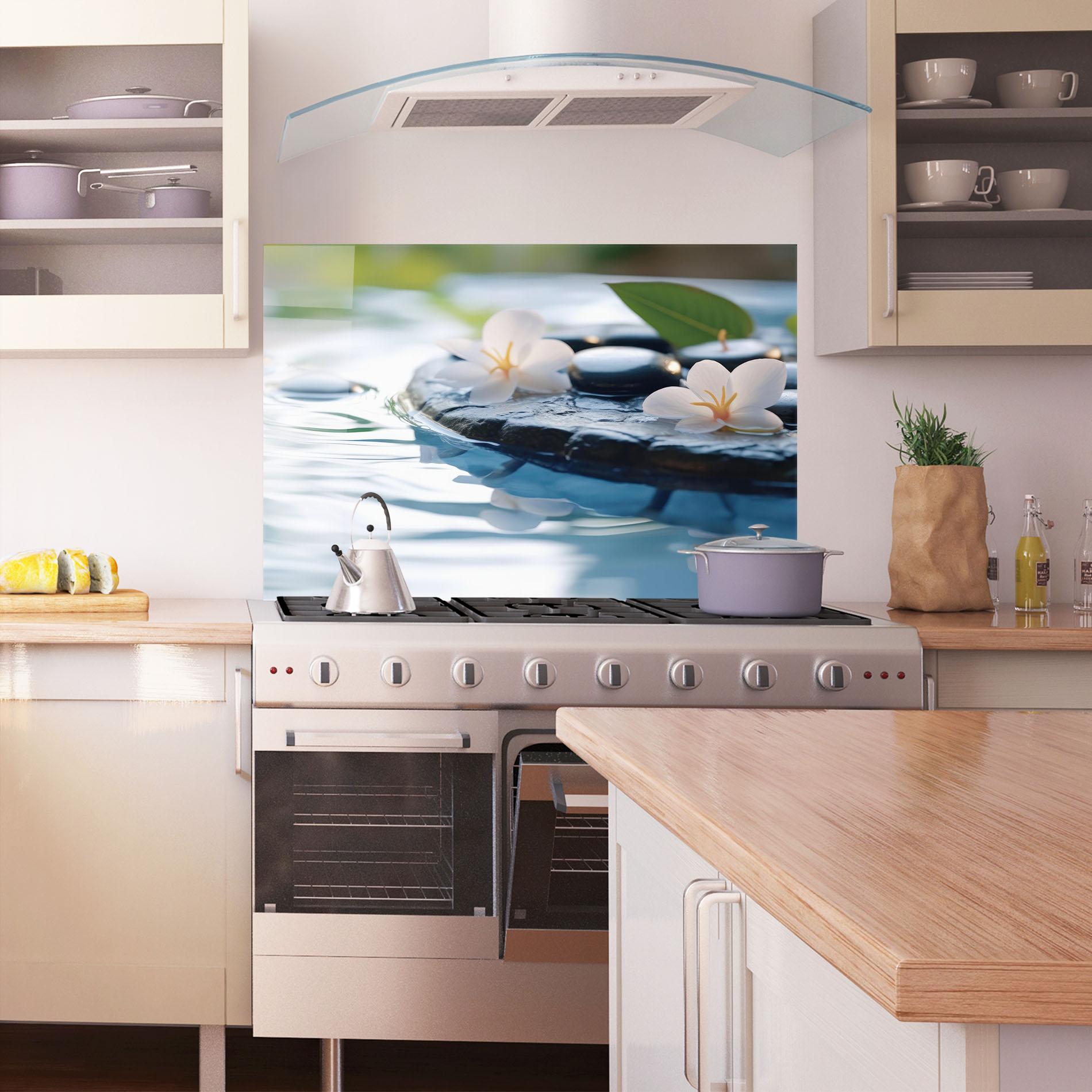 Panou Sticla Bucatarie Water White Flowers mockup 1