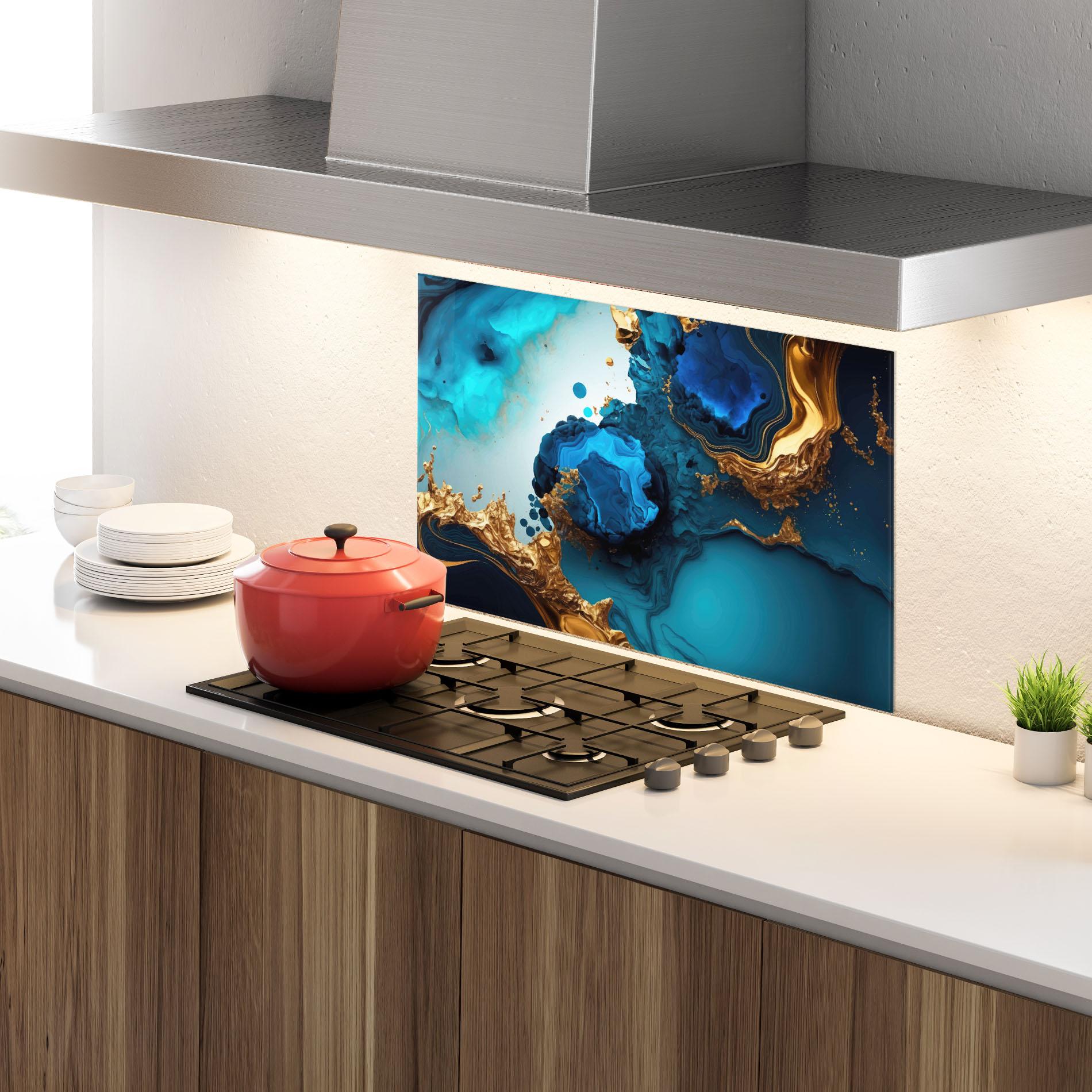 Panou Sticla Bucatarie Blue Gold Wave mockup 4