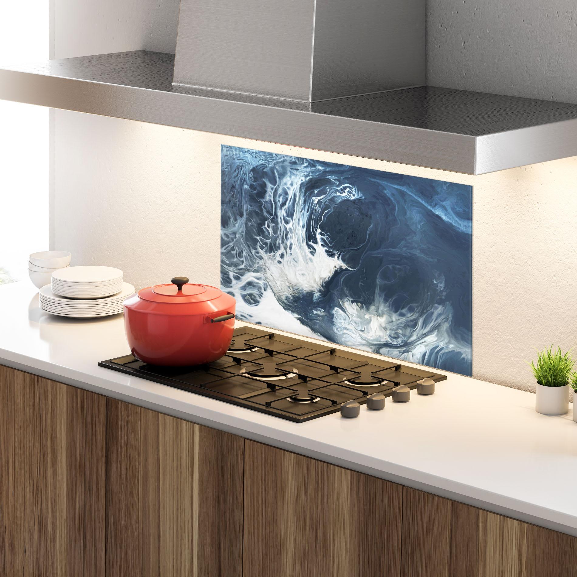 Panou Sticla Bucatarie Blue White Waves mockup 4