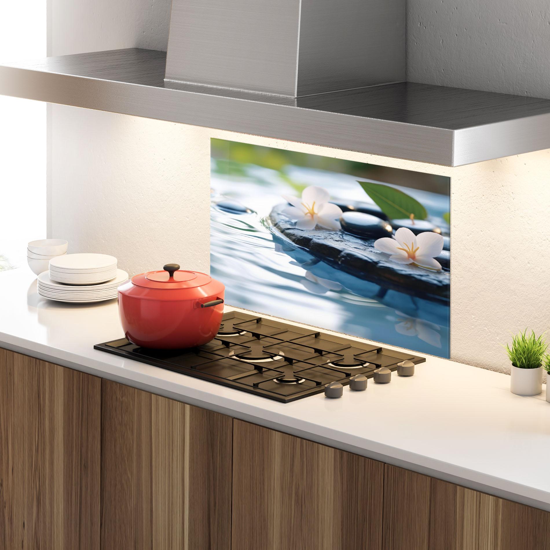 Panou Sticla Bucatarie Water White Flowers mockup 4