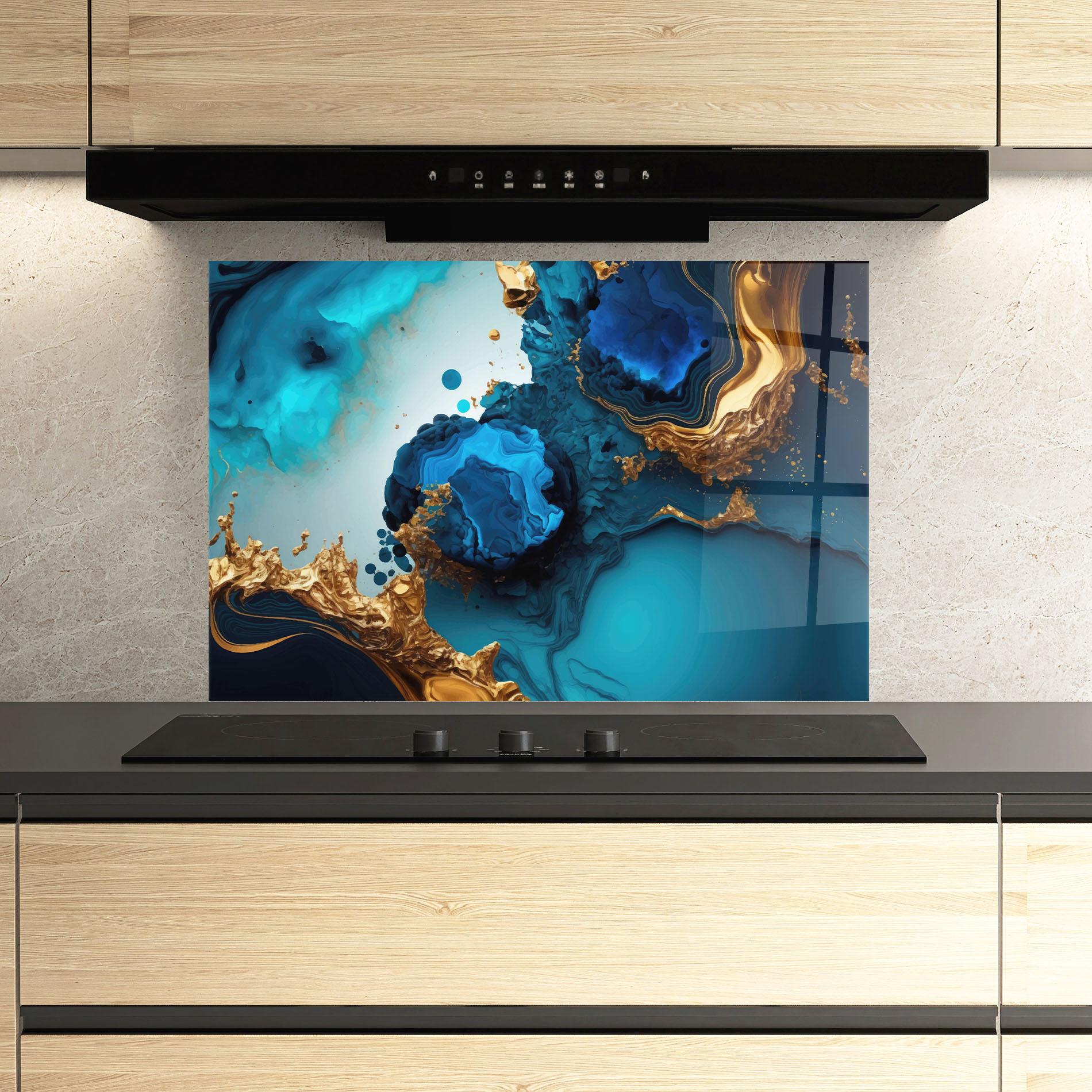 Panou Sticla Bucatarie Blue Gold Wave mockup 3