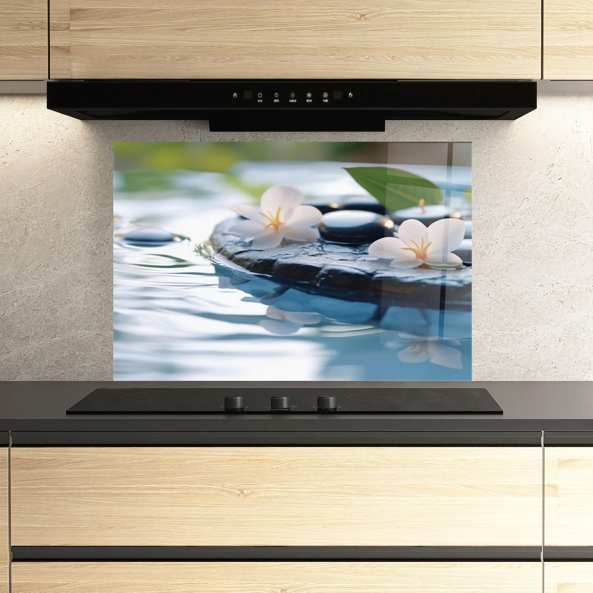 Panou Sticla Bucatarie Water White Flowers mockup 3