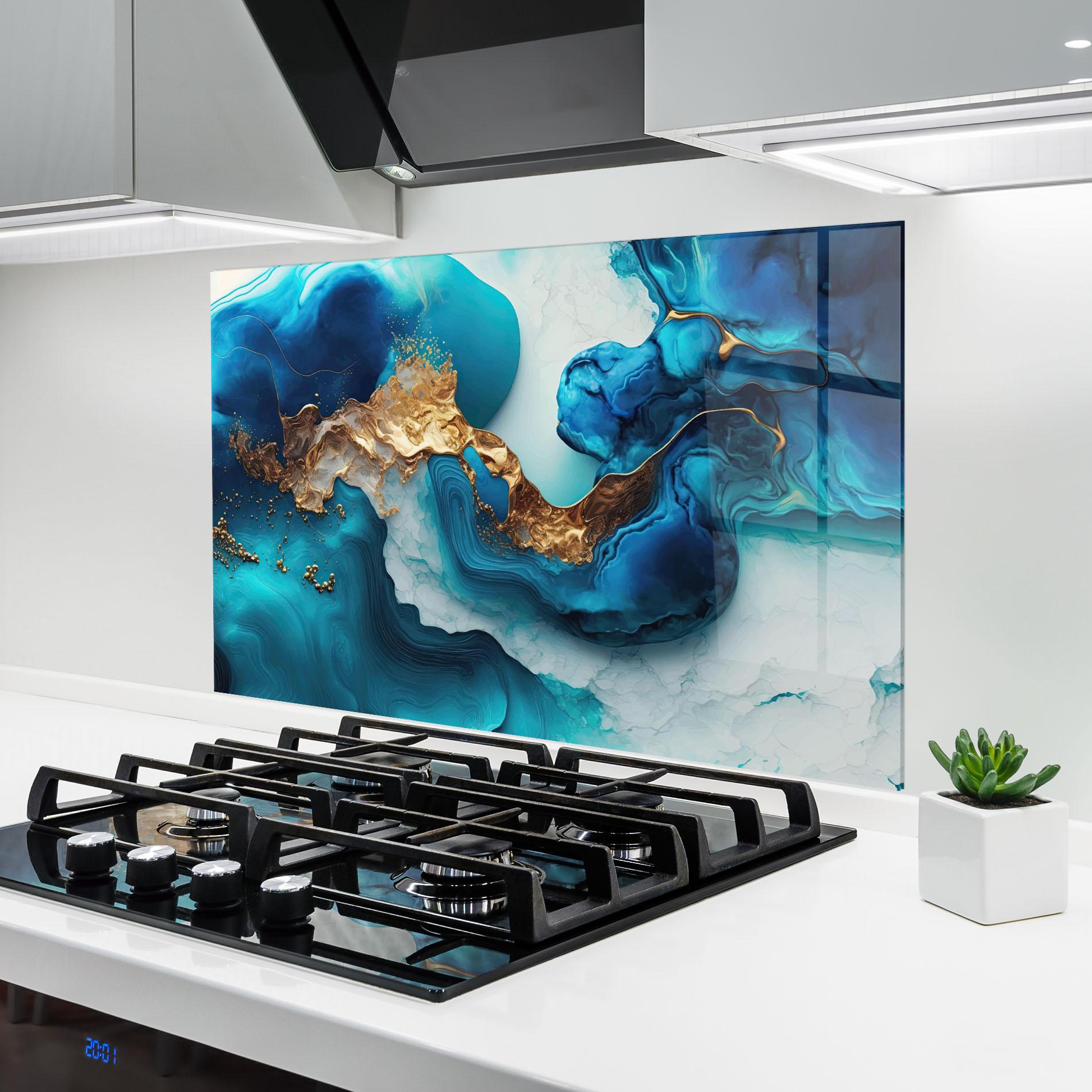 Panou Sticla Bucatarie Gold Blue Art Wave mockup 6