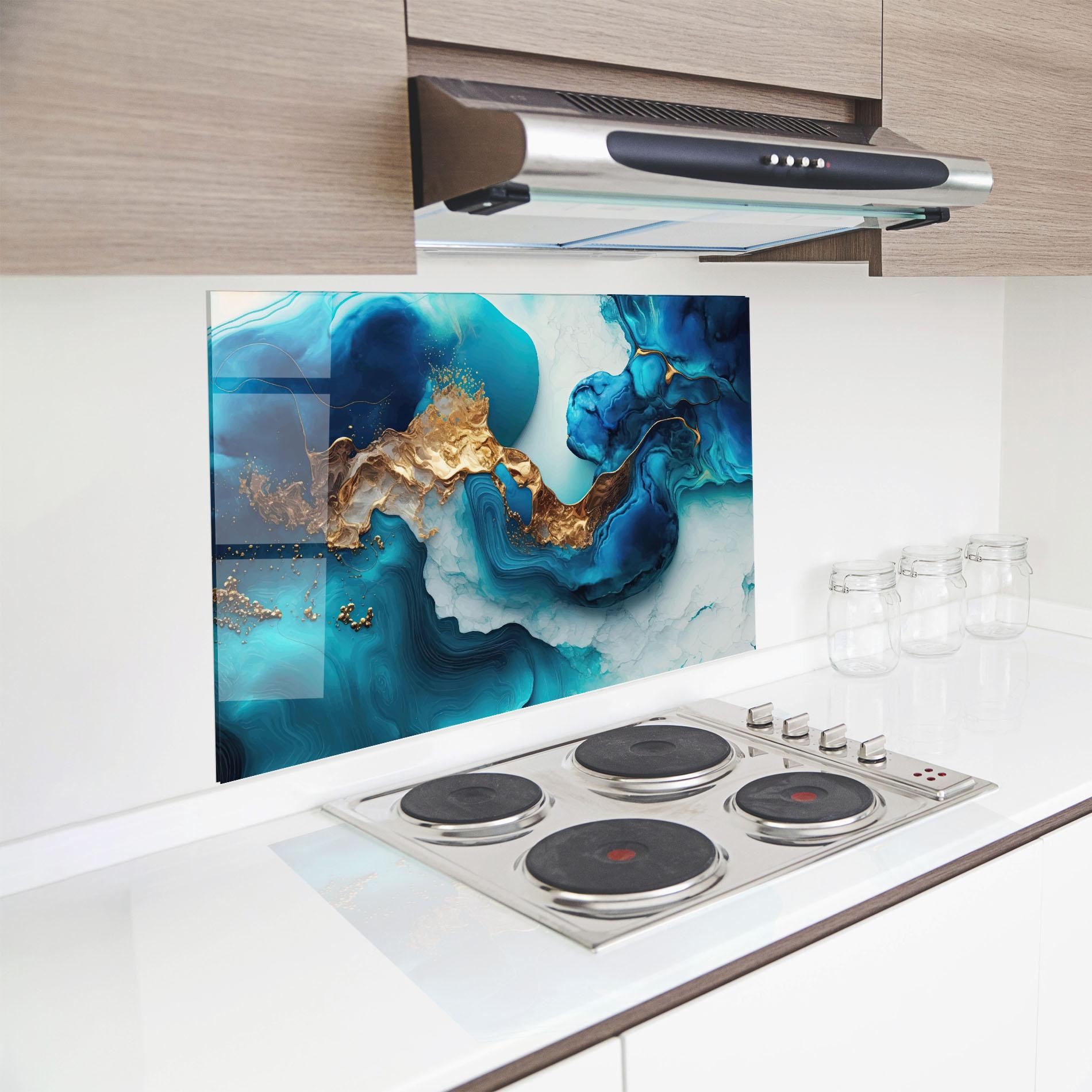 Panou Sticla Bucatarie Gold Blue Art Wave mockup 8