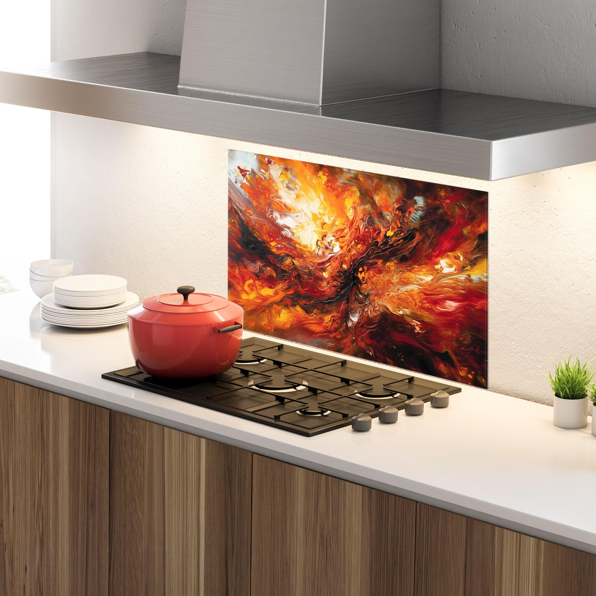 Panou Sticla Bucatarie Fiery Red Orange Art mockup 4